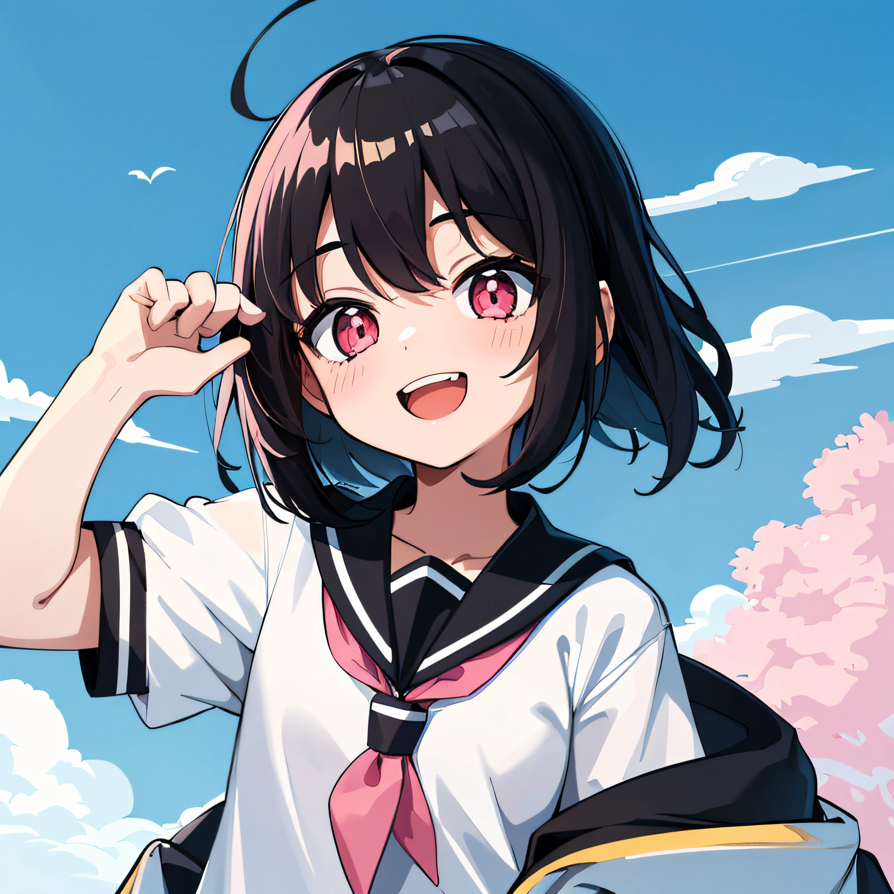 top-quality, ​masterpiece, portrait of cute girl, ((独奏)), 1girl in, (Black medium hair), Cyan hair, Pink eyes, cute little, white backgrounid, ((Happiness)), Chibi,hi-school girl、high-school uniform、,a sailor suit