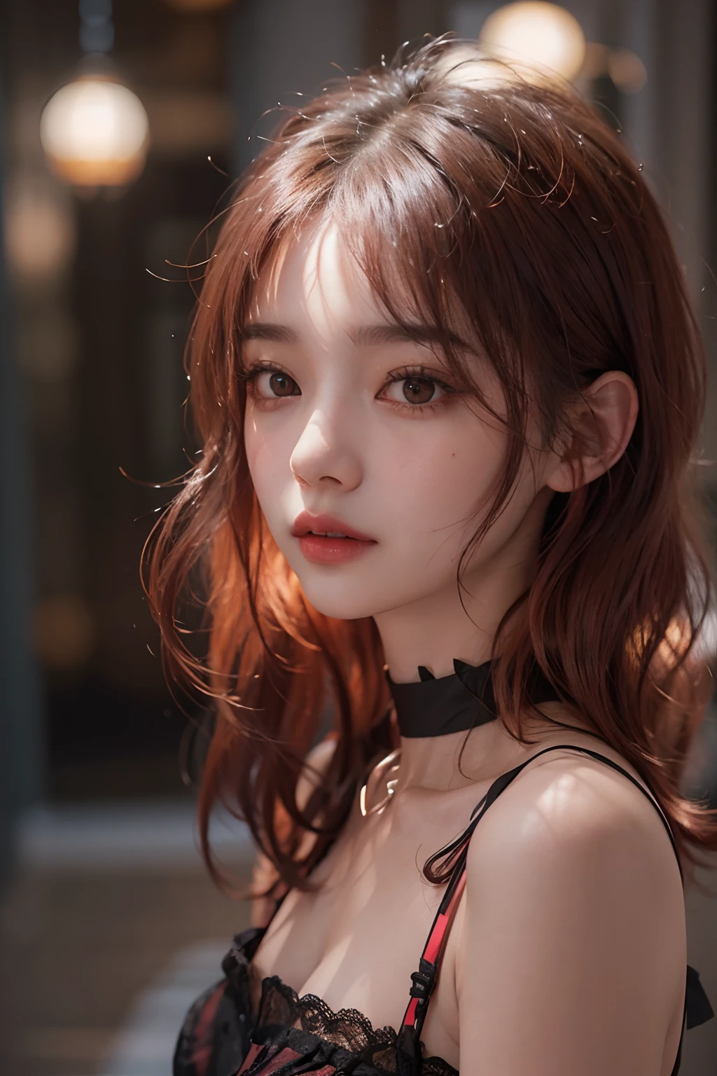 (1girl in)、(in her 20s)、((bobhair))、((bangss))、((Black to red gradient color hair))、(The tips of the hair are bright red)、(Photoreal Stick:1.2)、in 8K、(High quality shadows)、(A charming expression)、Detail Beautiful delicate face、Detail Beautiful delicate eyes、Pretty Kpop Idol、(Korean Urzan Face)、(ulzzang -6500-v1.1:0.6)、pureerosface_v1、(looking at view)、gloweyes、perfectbody、((strong lights))、(a choker)、((Brown eyes))、((Beautiful Finger))、 Shiny hair、Description beautiful delicate hair、(Lustrous skin)、((see through dress))、(Heavy bangs)、hallway、 (early evening)、Background blur、电影灯光、