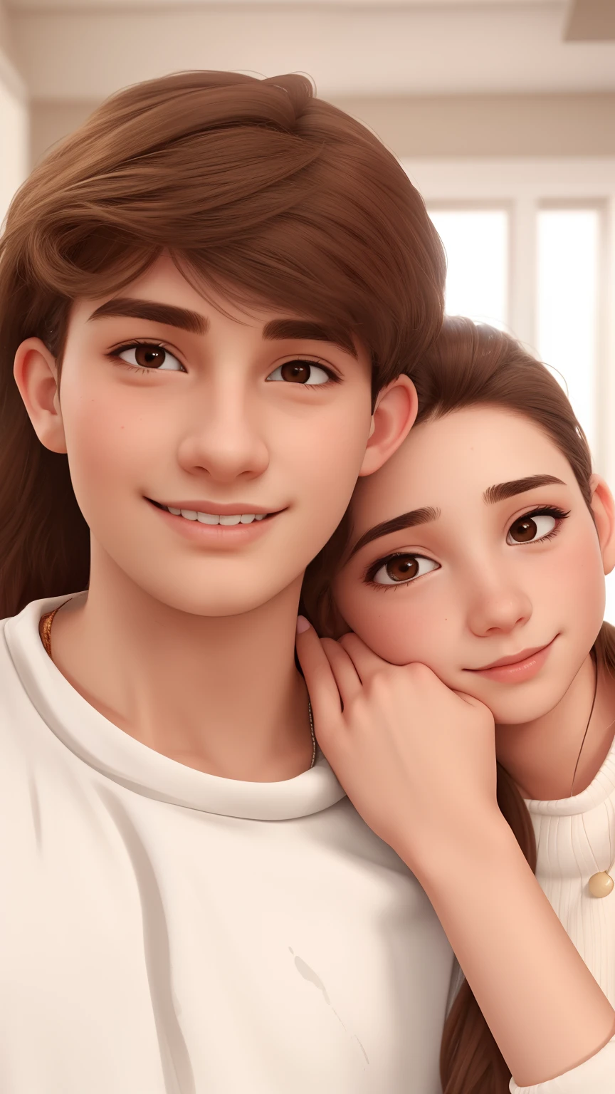 A young man with young girl , with brown disheveled hair, cute face, boxy face, and brown eyes, wearing white turtleneck realistic face