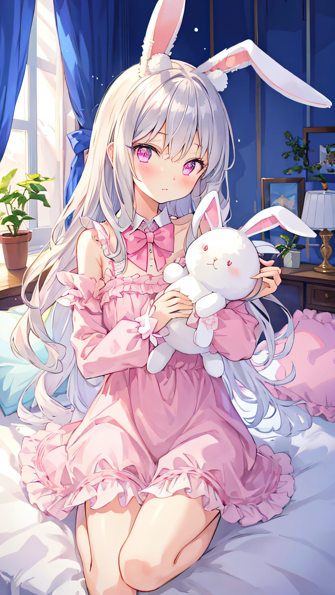 beautiful illustration, best quality, cute girl, bedroom, pastel color, fluffy bunny ears, petite, silver long hair, rabbit stuffed toy, bright lighting, light pink eyes