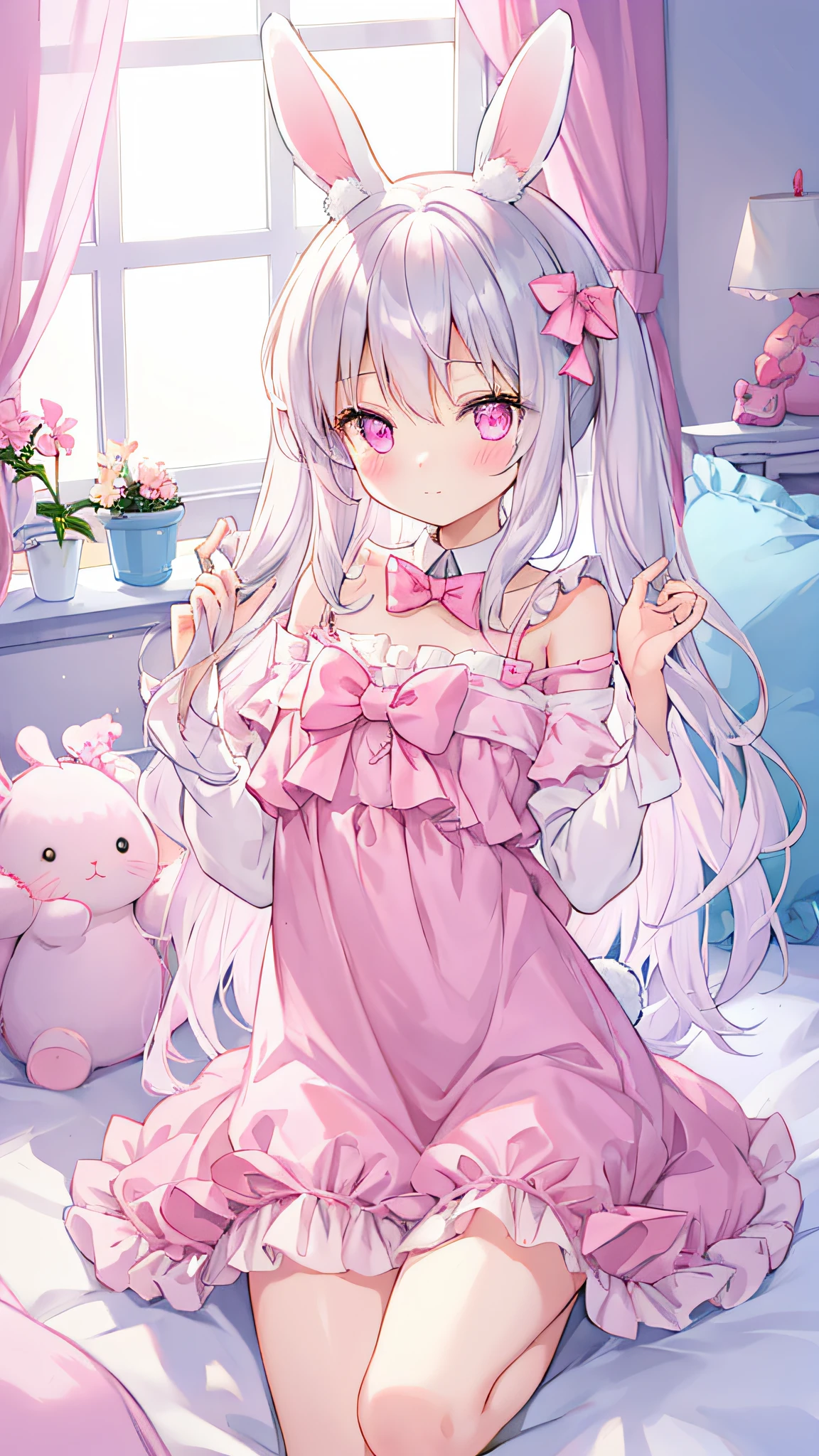 gray hair，Cat ear，pink eyes，Light blue ****ta，white tights，pink bow，in the room，kneeling on the bed