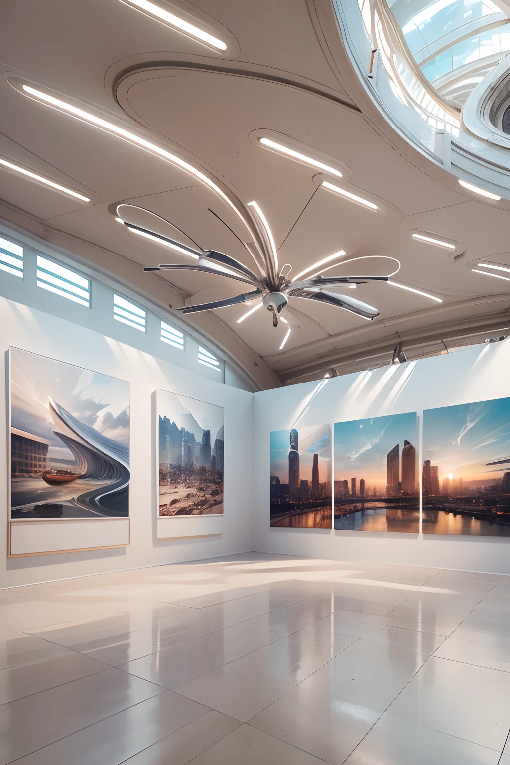 Art exhibitions,There is a wall in the middle of the exhibition hall,The painting on the wall is in the middle, Paintings on the walls, skyscape, Large airy windows, Zaha Hadid and Santiago Calatrava landscape panoramic style, Fish, Clear light, Edge lighting, Perfect image, Building summary style, 16k UE5. superfine, 8K, hdr, Product photography, Depth of field, Nikon D850, Ultra-realistic, no contrast, clean sharp focus, professional, No blurring
