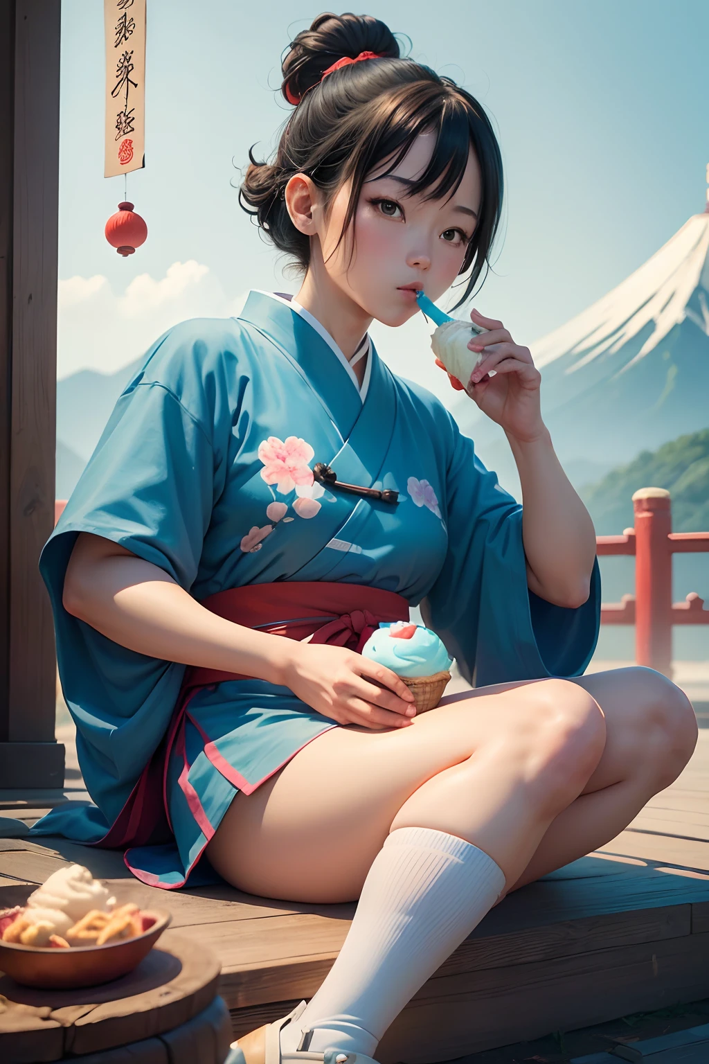 japan cartoon character Doraemon in ancient China eating ice-cream, (best quality, 8k, highres, masterpiece:1.2), vibrant colors, detailed features, traditional Chinese backdrop, mystical aura