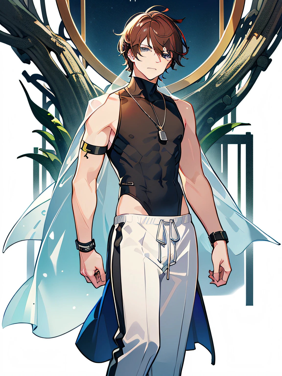 solo, (((male with short dark blue reddish hair),(simple black plain tight body shaped full body sleeveless turtle neck shirt), (simple white see-through semi-transparent robe hanging by the shoulder), (white with two black stripped jogger pants))), (Walking), (Manly pose), (muscle arms), (Armband), (bangs), (blue reddish eyes), (pale skin), (sharp look), (Sharp eyes), Morning walk Castle Hall Background ((high quality)), (extremely detailed), inspired by asukaziye