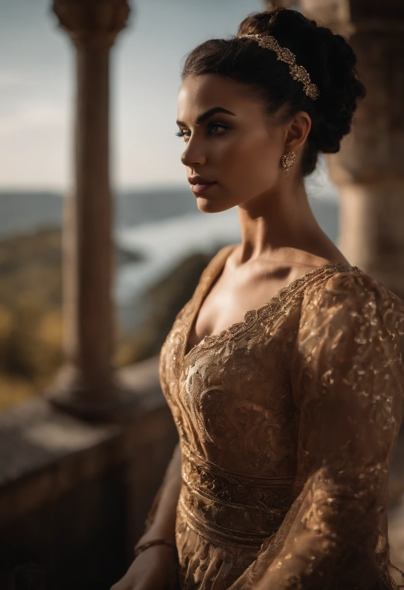 Make a 22-year-old woman, Muito atraente, Amazing feminine form, corpo inteiro, long curly black hair braid, olhos castanho claros, olhos castanhos claros, brown eye, brown eye light, boca com batom vermelho com vestido, vestido em preto e branco e amarelo, couro armadura viking. She's looking at a kingdom in front of her. She's floating in a cloud just below her feet. daytime sky, sol, hiper fotorrealismo, 8k, Ultra HD | |, dynamic lighting, irreal 5.