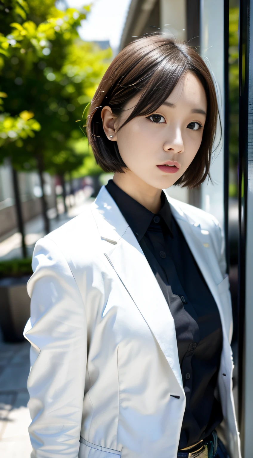 xxmixgirl, 1girl, solo, blurry background, black hair, outdoors, light on face, blurry, black eyes, upper body, lips, day, sky, realistic, blue sky, shirt, white shirt, short hair, jacket, closed mouth, looking to the side, Zhenxin