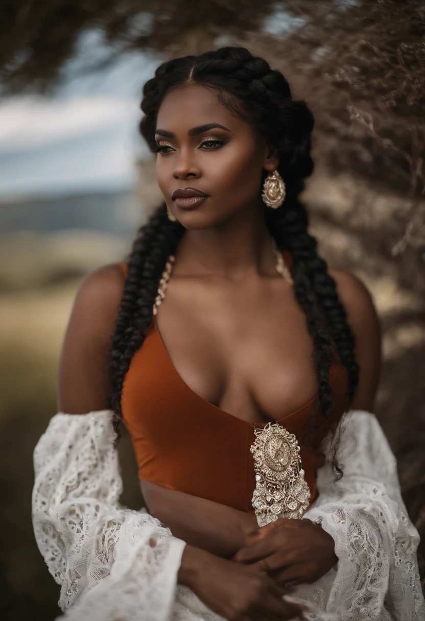 Make a 22-year-old black woman, Muito atraente, Amazing feminine form, corpo inteiro, long curly black hair braid, olhos castanho claros, olhos castanhos claros, brown eye, brown eye light, boca com batom vermelho com vestido, vestido em preto e branco e amarelo, couro armadura viking. She's looking at a kingdom in front of her. She's floating in a cloud just below her feet. daytime sky, sol, hiper fotorrealismo, 8k, Ultra HD | |, dynamic lighting, irreal 5, black skin, skin black