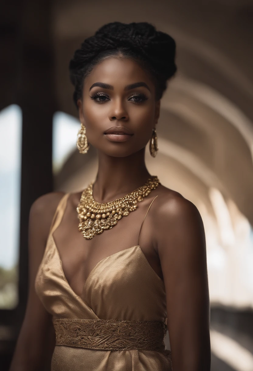 Make a 22-year-old black woman, Muito atraente, Amazing feminine form, corpo inteiro, long curly black hair braid, olhos castanho claros, olhos castanhos claros, brown eye, brown eye light, boca com batom vermelho com vestido, vestido em preto e branco e amarelo, couro armadura viking. She's looking at a kingdom in front of her. She's floating in a cloud just below her feet. daytime sky, sol, hiper fotorrealismo, 8k, Ultra HD | |, dynamic lighting, irreal 5, black skin, skin black