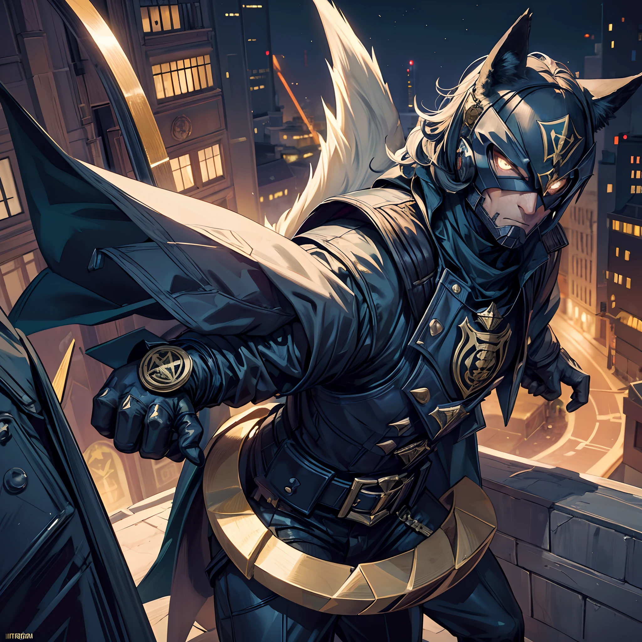 A nighttime vigilante superhero from Lisbon, dressed in a dark suit adorned with the symbol of the Iberian Wolf, patrols the city's streets to ensure the safety of its inhabitants. With eyes as sharp as a wolf's, he guards the Lisbon night, operating in the shadows to keep evil at bay and ensure the city sleeps in peace.