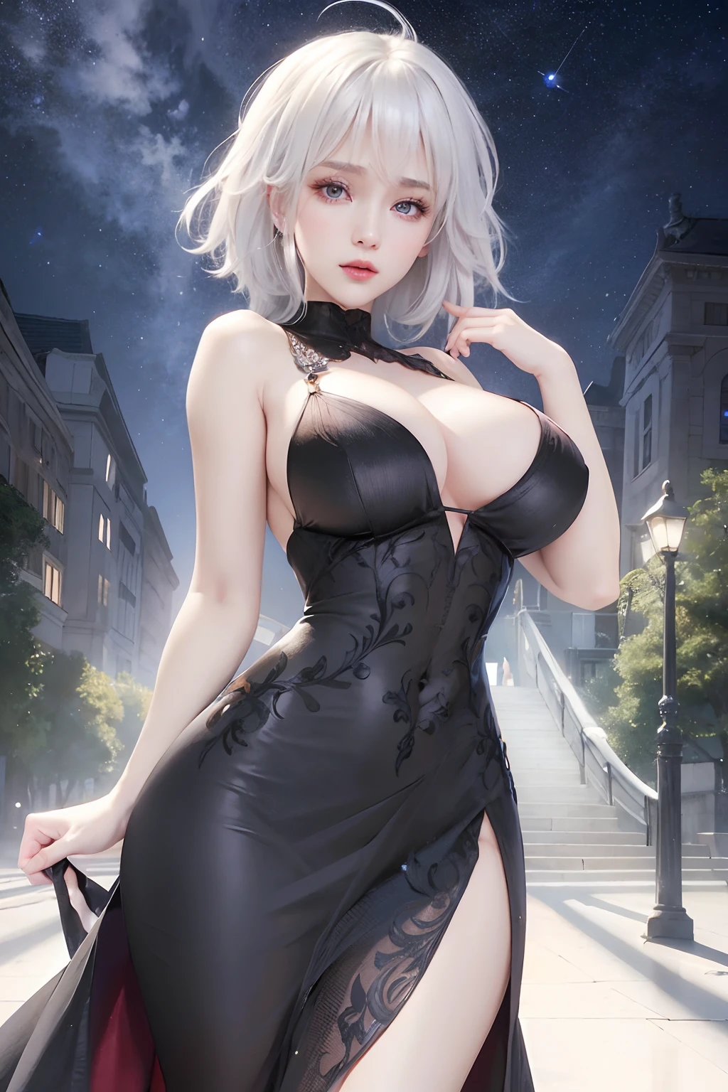 looking from above,((best qualtiy)),((tmasterpiece)),(the detail),1girll,She wore a revealing white dress。The dress exposes the shoulders and navel,Fits the body,It beautifully accentuates its curves。Her skin was as white as ivory,Soft and smooth to the touch。Her branded hair is straight and shiny。Her long hair ran down her back,Make her figure look more beautiful。Her eyes were big and deep indigo。Her lips are painted with cherry-colored lipstick,Plump and raised。Her figure is somewhat mysterious,looking at viewert。She is in a minimalist、Simple and stark white room。Her face was beautifully trimmed,Her eyes and nose are clear。The big black eyes are attractive,It exudes a deep and subtle light。Her hair was long and shiny,Her ethereal beauty further enhances her charm。Her mouth is small,Well-shaped lips sparkle。Her skin is smooth,Tremendously beautiful,Almost silky。Her breasts and buttocks were large,The slender waist has a smooth line,The are beautiful。,(,,,),long drooping,long drooping,Abs,Wear white stockings