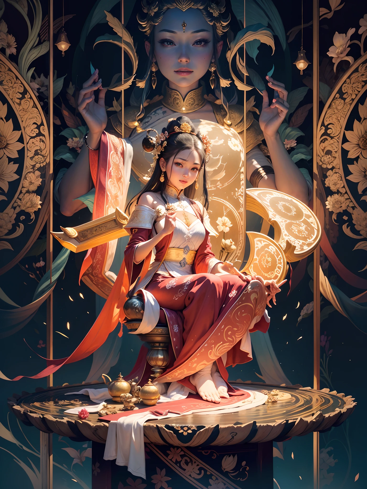 (Chinese immortals), (Buddhism), Multip_Hands,(mythological stories), (bodhisattva), She sits on a lotus, (Three hands on the left,Three hands on the right, Each hand holds a different Buddhist vessel, left right symmetry),(Delicate and beautiful face), (White silk robe)sitting on a lotus flower, Frontal photo,Light smile, neo-classical, OP Art, Chiaroscuro, Cinematic lighting, god light, Ray tracing, character sheets, projected inset, first person perspective, hyper HD, Masterpiece, ccurate, Textured skin, Super detail, High details, High quality, Award-Awarded, Best quality, A high resolution, 8K