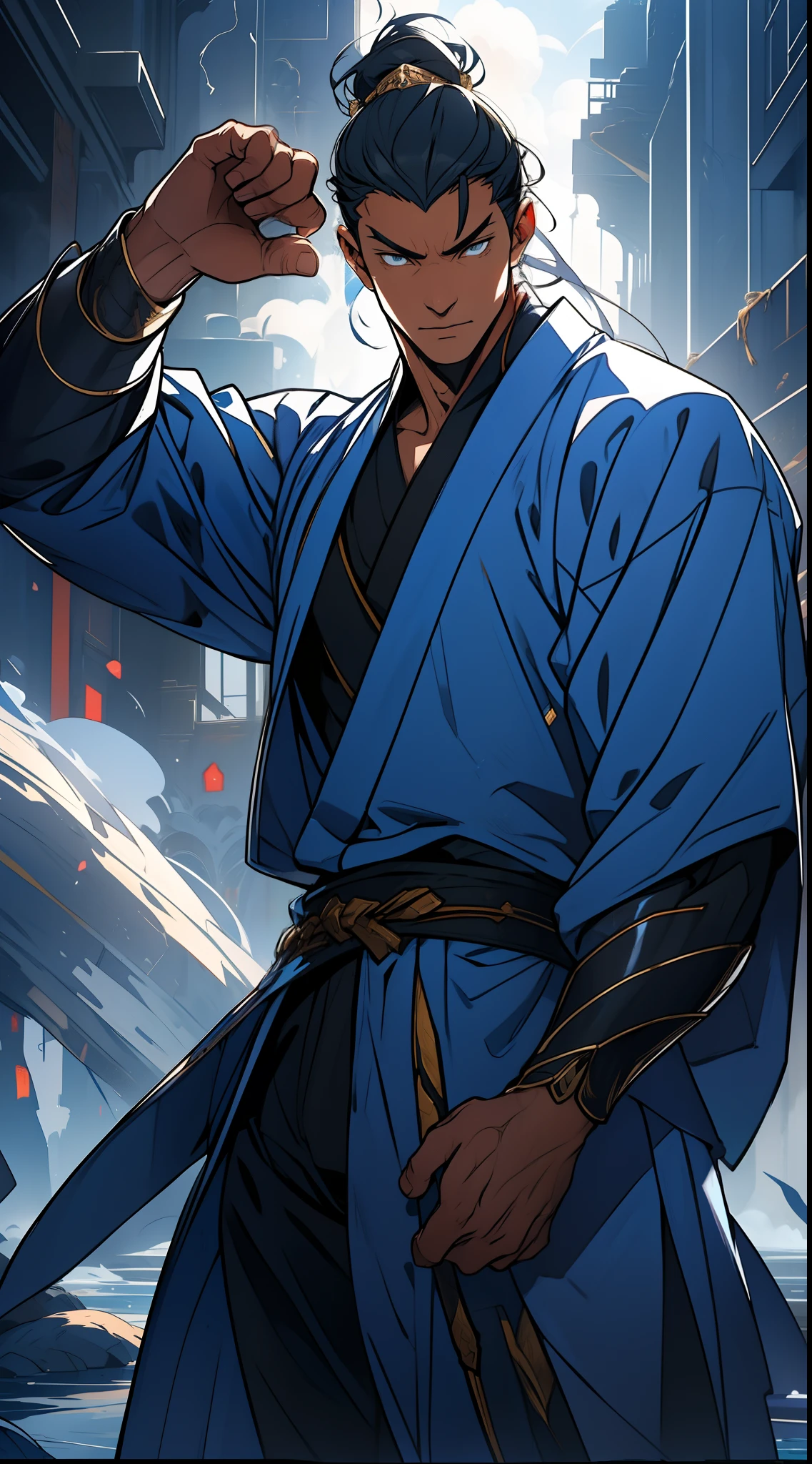 (higher contrast,vibrant colors:bright blue and white,smooth shading,eye-catching,heroic pose,dynamic,action-packed)
The above is the prompt for generating the topic content you gave。
The full prompt is as follows:
"A man with a anime-style face, accurate proportions and intricate facial details. He has a high ponytail, and his neck is detailed with an Adam's apple. He is dressed in a white robe, with a long-sleeved, collared robe. The clothing is intricately designed and the overall composition is perfect. The artwork is of game quality, with ray tracing and detailed lighting effects. The hair is black and styled in a long, flowing manner. The eyes are striking, with a vibrant blue color. The man exudes an unimaginable level of handsomeness and a youthful vibe. The outfit is complex, showcasing the skill and artistry of the swordsman. The artwork is of unparalleled quality, with meticulous attention to detail and vibrant colors. The background is complex, adding to the overall atmosphere and capturing the essence of a martial arts world."