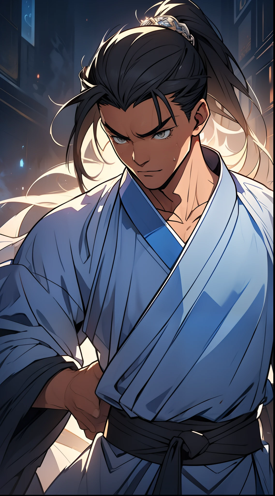 (higher contrast,vibrant colors:bright blue and white,smooth shading,eye-catching,heroic pose,dynamic,action-packed)
The above is the prompt for generating the topic content you gave。
The full prompt is as follows:
"A man with a anime-style face, accurate proportions and intricate facial details. He has a high ponytail, and his neck is detailed with an Adam's apple. He is dressed in a white robe, with a long-sleeved, collared robe. The clothing is intricately designed and the overall composition is perfect. The artwork is of game quality, with ray tracing and detailed lighting effects. The hair is black and styled in a long, flowing manner. The eyes are striking, with a vibrant blue color. The man exudes an unimaginable level of handsomeness and a youthful vibe. The outfit is complex, showcasing the skill and artistry of the swordsman. The artwork is of unparalleled quality, with meticulous attention to detail and vibrant colors. The background is complex, adding to the overall atmosphere and capturing the essence of a martial arts world."