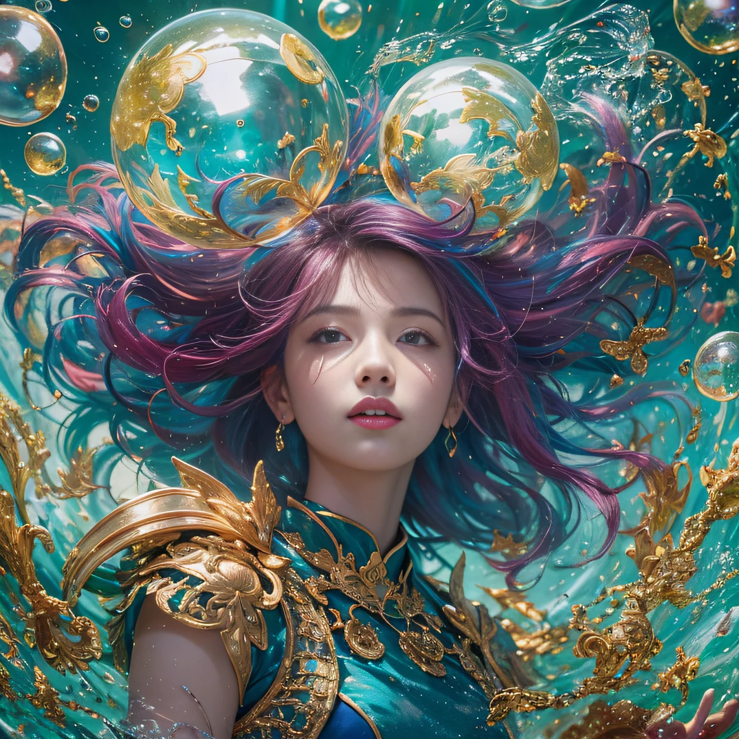 cyan colors,blue colors,enamel,agates,A flesh-colored world,Blood Blue Maiden 32K(tmasterpiece,k hd,Aoyama Pond,hyper HD,32K)Long flowing bright blue hair,blood pond,zydink, a color,Grumpy (Post-halo), (Linen scarf), Combat posture, looking at the ground, long whitr hair, Floating bright blue, Fire cloud pattern gold tiara, Chinese long-sleeved gold silk burgundy garment, (Abstract metaverse splash:1.2), white backgrounid,Peony flower vitality protector(realisticlying:1.4),Bright purple hair,Smoke on the road,The background is pure, A high resolution, the detail, RAW photogr, Sharp Re, Nikon D850 Film Stock Photo by Jefferies Lee 4 Kodak Portra 400 Camera F1.6 shots, Rich colors, ultra-realistic vivid textures, Dramatic lighting, Unreal Engine Art Station Trend, cinestir 800,A girl with long flowing bright blue hair,Huge colorful bubbles