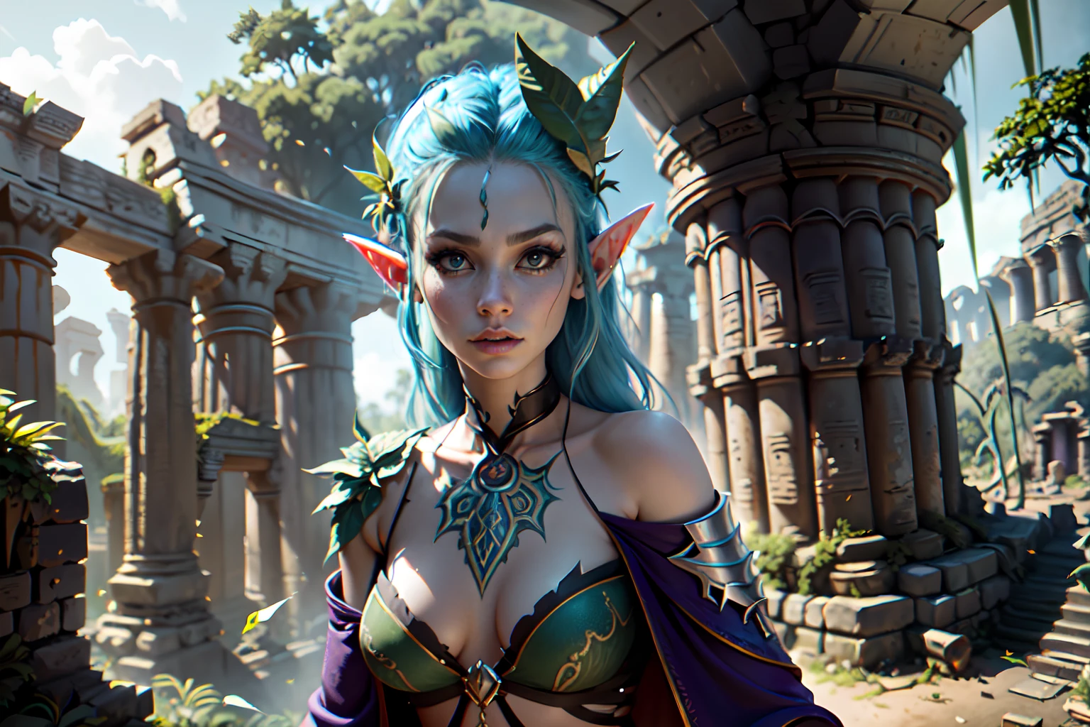 (((elf punk girl in the forest))), sharp and slender beautiful face, glow smoke blue-purple eyes, (((fantasy-jungle with ancient ruins architecture of dark fantasy style background detailed:1.3))), (((leaf design fantasy robe:1.3))), holding a dagger, (((sharp resolution:1.3))). high resolution of clarity. exquisite high-definition drawing, limitlessly high resolution. professional level of detail and precision. insanely beautiful illustration, (epic high quality:1.2), best quality, top quality, intricate detailed texture, smooth and flowless skin, cinematic still and lighting, highly digital painting, amazing background detail,