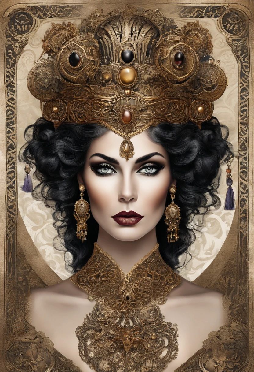 Create an image of an aristocratic woman with curly or wavy hair, pele alabastro e olhos castanhos que irradiam um toque de crueldade. Seus cabelos, meticulosamente arrumados, They are as black as night and are crowned with a sinister tiara studded with dark gems. She's dressed in a spectacular dress, predominantemente negro, but with red and purple details that suggest its tilt to the dark side. She holds a scepter ornamented with evil symbols and looks on with a subtly mischievous smile. Its setting is a shadowy castle with enigmatic tapestries and Gothic windows that let in only a dim light, enhancing his aura of malevolent royalty