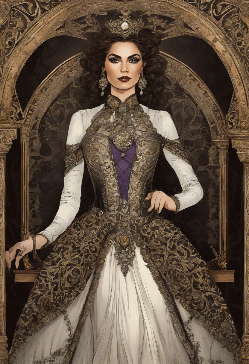Create an image of an aristocratic woman with curly or wavy hair, pele alabastro e olhos castanhos que irradiam um toque de crueldade. Seus cabelos, meticulosamente arrumados, They are as black as night and are crowned with a sinister tiara studded with dark gems. She's dressed in a spectacular dress, predominantemente negro, but with red and purple details that suggest its tilt to the dark side. She holds a scepter ornamented with evil symbols and looks on with a subtly mischievous smile. Its setting is a shadowy castle with enigmatic tapestries and Gothic windows that let in only a dim light, enhancing his aura of malevolent royalty