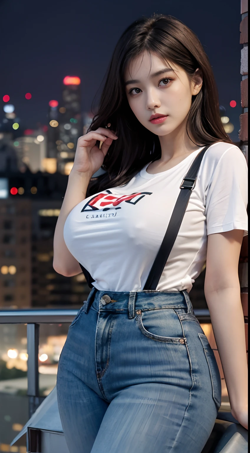 ((midynight、best qualityer、8K、A masterpice:1.3)), full bodyesbian, Long legs, foco nítido:1.2, A Beautiful Woman with Perfect Figure:1.4, Slender abs:1.1, ((dark brown hair、ultra huge breasts:1.2)), (white tight t-shirt、Jean bib, The is standing:1.2), ((night cityscape、on the rooftop:1.3)), Highly detailed facial and skin texture, A detailed eye, 二重まぶた