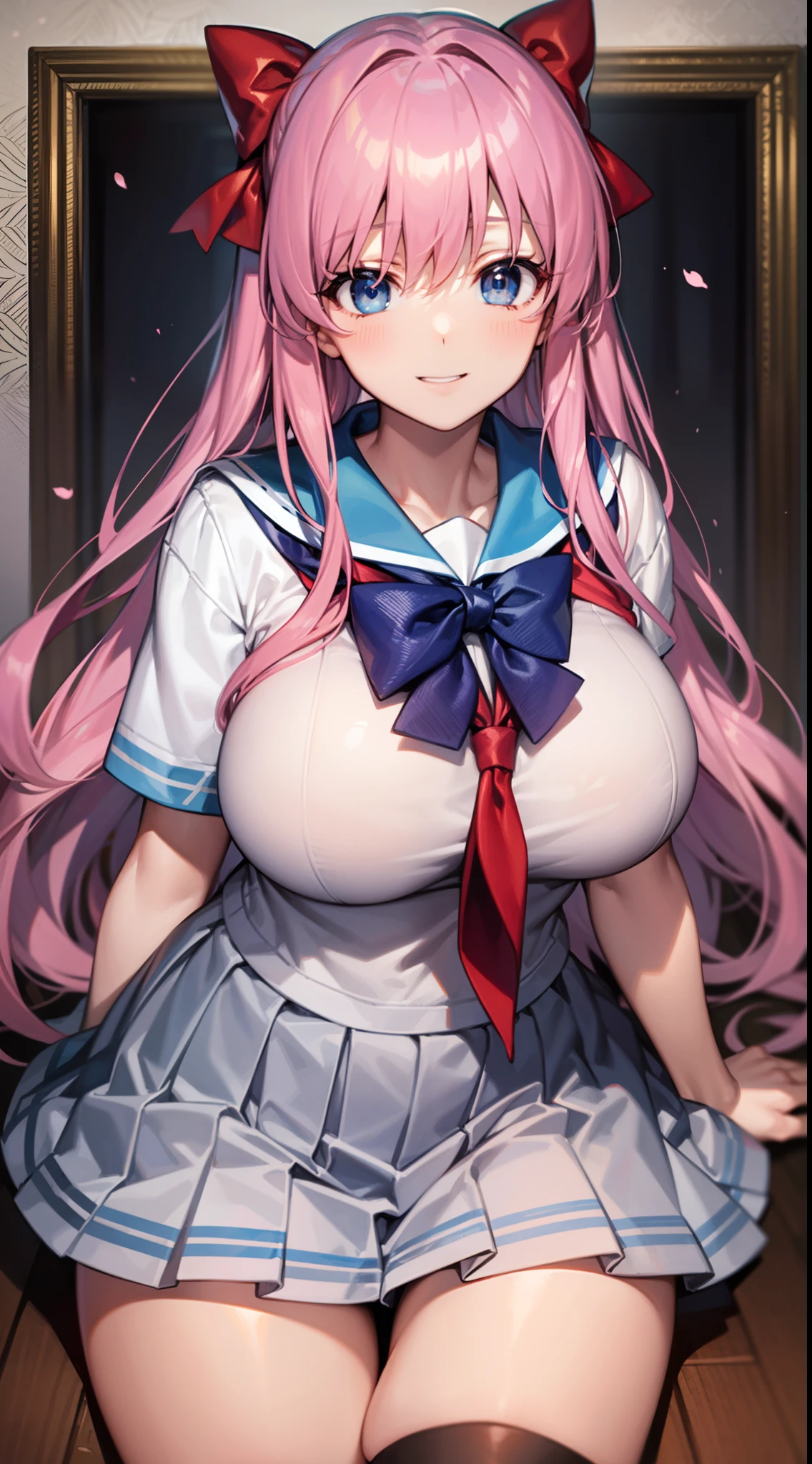 nodokaharamura, Nodoka Haramura, Blue eyes, Hair Bow, Long hair, Pink hair, Bow,
Blake Blue Skirt, Kiyosumi school uniform, Pleated skirt, School uniform, serafuku, Skirt,
BREAK looking at viewer,
Break indoors, crass room,
BREAK (masutepiece:1.2), Best Quality, High resolution, Unity 8k壁纸, (Illustration:0.8), (Beautiful detailed eyes:1.6), extra detailed face, Perfect Lighting, extremely details CG, (Perfect hands, Perfect Anatomy),seductive smile,gigantic breasts,from below,big breasts