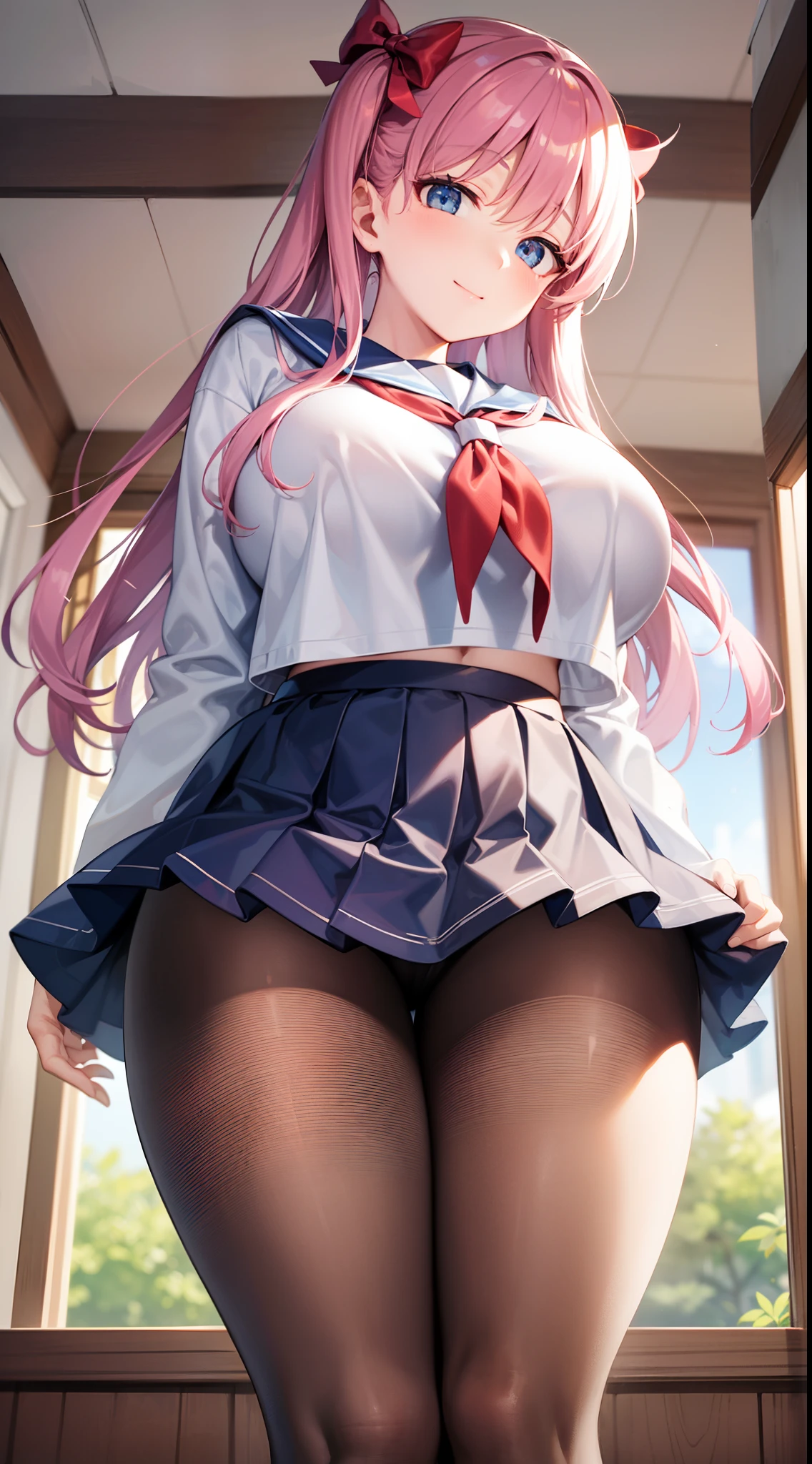 nodokaharamura, Nodoka Haramura, Blue eyes, Hair Bow, Long hair, Pink hair, Bow,
Blake Blue Skirt, Kiyosumi school uniform, Pleated skirt, School uniform, serafuku, Skirt,
BREAK looking at viewer,
Break indoors, crass room,
BREAK (masutepiece:1.2), Best Quality, High resolution, Unity 8k壁纸, (Illustration:0.8), (Beautiful detailed eyes:1.6), extra detailed face, Perfect Lighting, extremely details CG, (Perfect hands, Perfect Anatomy),seductive smile,gigantic breasts,from below,
