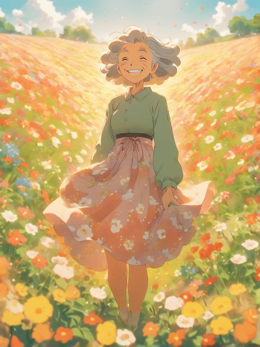 Grandma in a skirt, blooming flower field, Light smile, Warren sack 127mm F/4.7 Ektar