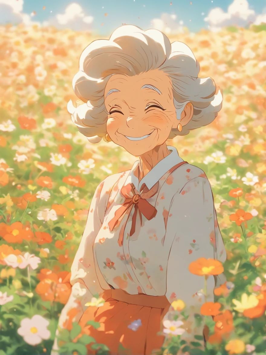 Grandma in a skirt, blooming flower field, Light smile, Warren sack 127mm F/4.7 Ektar