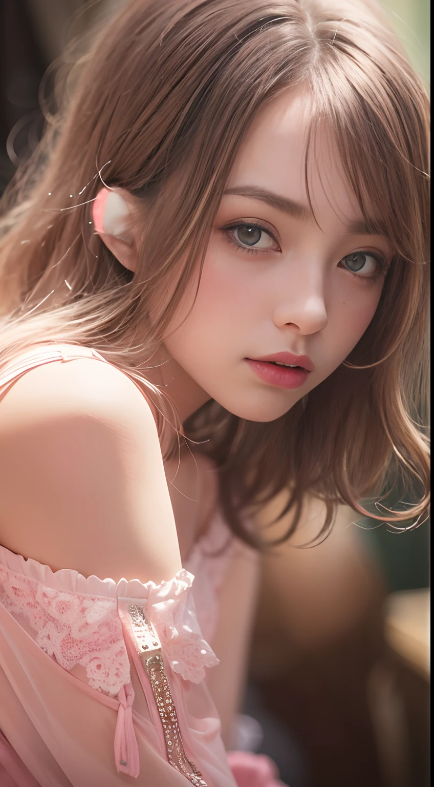 Best Quality, Masterpiece, Ultra High Resolution, (Realisticity: 1.4), Original Photo, 1girl, Pink Off-the-Shoulder, Cinematic Lighting
