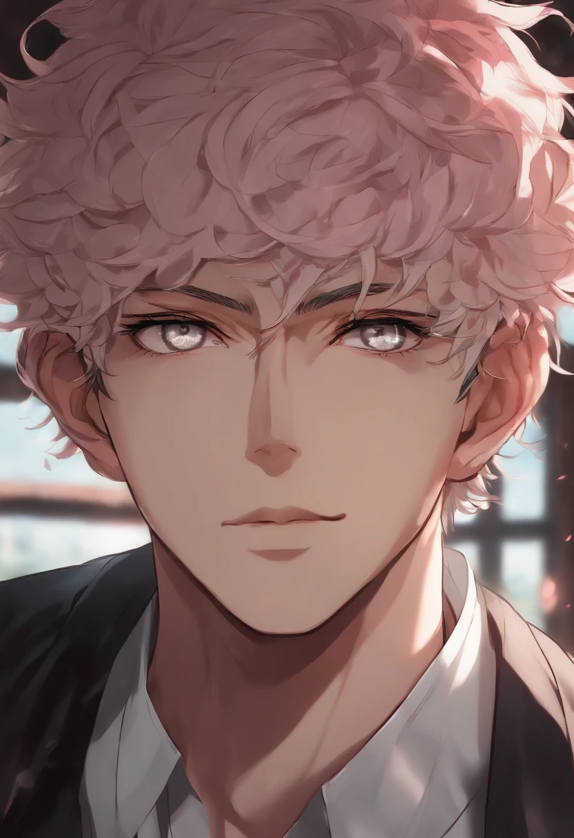 Menino de cabelo castanho e olhos rosas estilo jujutsu kaisen