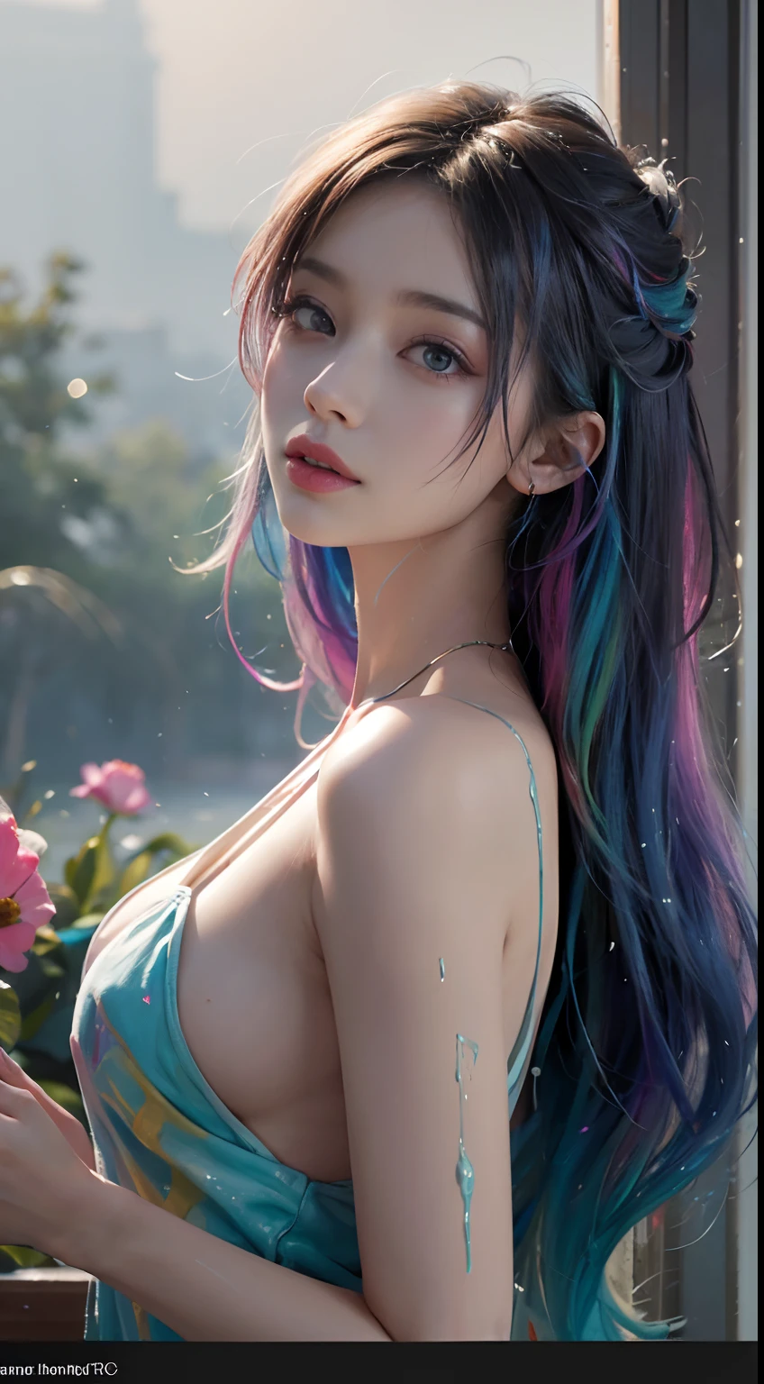 (level difference: 1.8),(Paint colliding and splashing on canvas),(Depth of field),adorable creature,elegant, strong between boho and modern. With many colors and no defined (liquid paint rainbow hair:1.1) Made of paint，anti gravity, Thick flow, (Splashes of paint: 1.3), liquid state, Beautiful, Masterpiece, Detailed background, high quality model, Ethereal background, Abstract beauty, Explosive volume, Oil painting, Heavy brushstrokes, romantic lighting, Sub-surface scattering, Lens 135mm, F1.8, luminance, 8K, high resolution, Dreamy, Ray tracing,  hdr, divine rays,