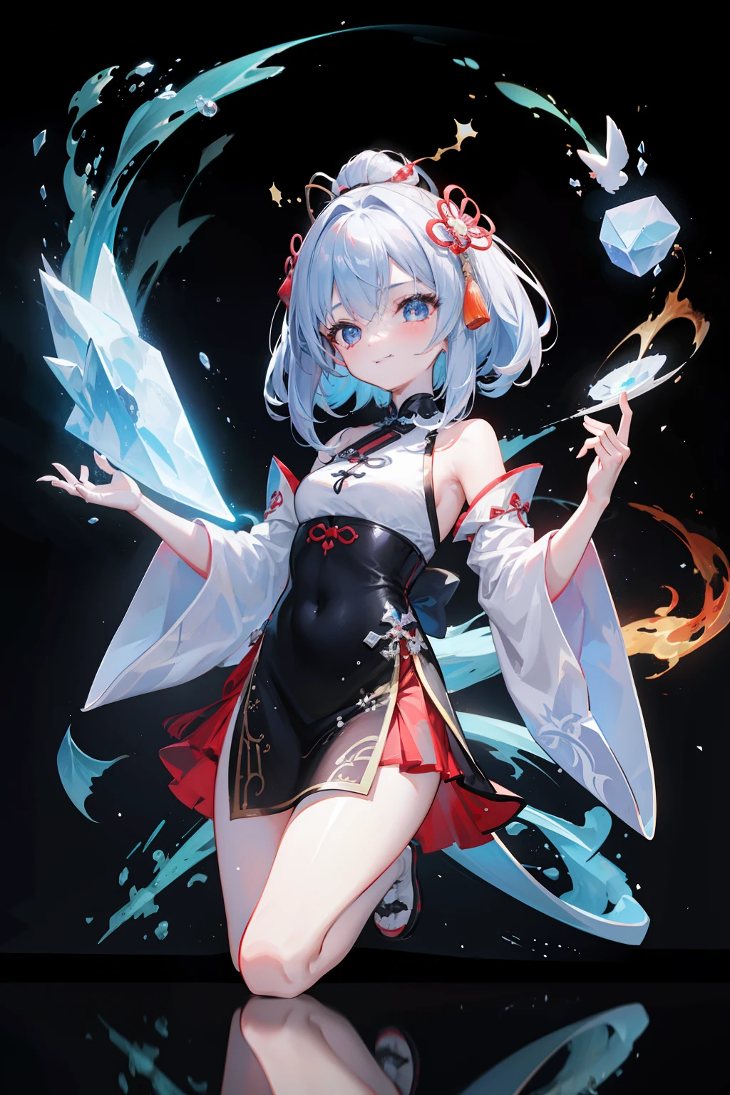 Chinese style, 3d Pixar character style, 。.3D, toys, Tidal Games, ip, blindbox, magick, full bodyesbian, cute female child, Hanfu, good smile, long whitr hair, Ultra-clear, One of the transparent materials Chinese dragon, ice cubes, Reflected light droplets, Style prism + hibisco, Solid black background, Particle, Particle, blueglow, Octane trend rendering on an art workstation, 8K, k hd