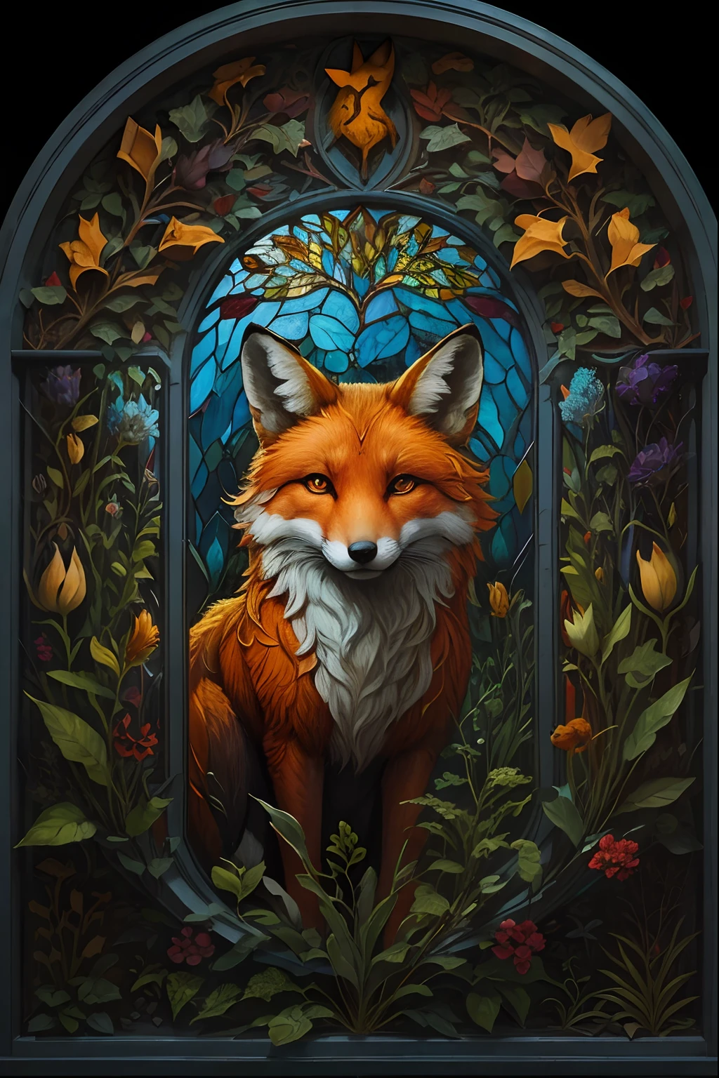 A vitral window, art noveau style, with colorful nature motives and a big fox in the middle, rounded upside, photorealistic