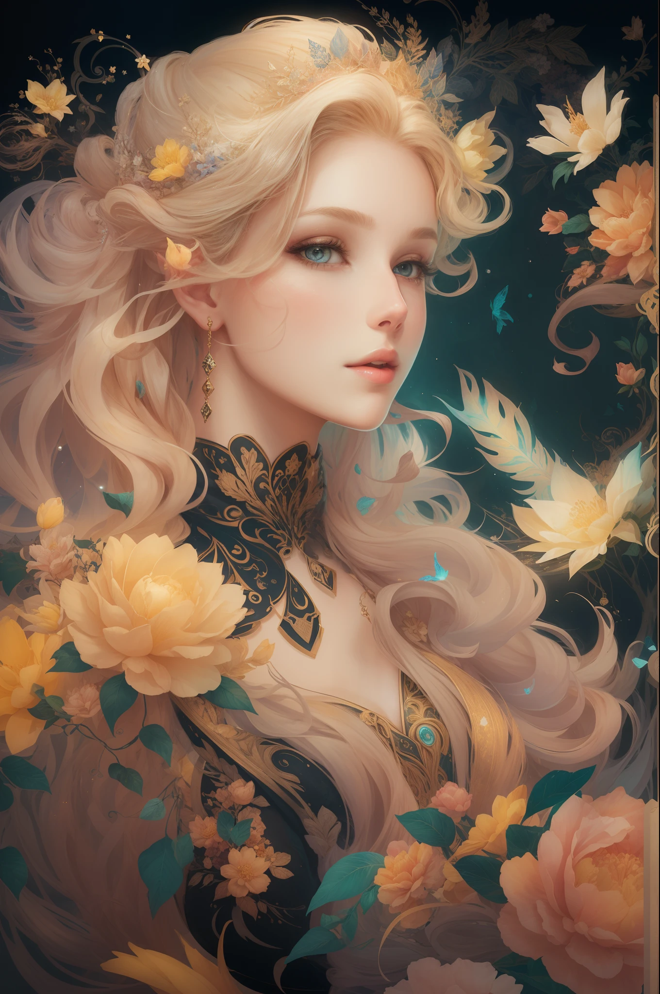 ((Gorgeous 18-year-old princess)),(She has long flowing blonde hair),(Bright and beautiful eyes),trendding on artstation,Flowers of Hope by Jean-Honor Fragonard,ultra-detailliert,insanely details, Amazing, complex, elite, Art Nouveau, a gorgeous, Liquid wax, elegant, Luxurious, Ink style, a sticker, Vector art beautiful character design, Dual exposure shooting, Luminous design, winning artwork, tmasterpiece, AMOLED black background,optic