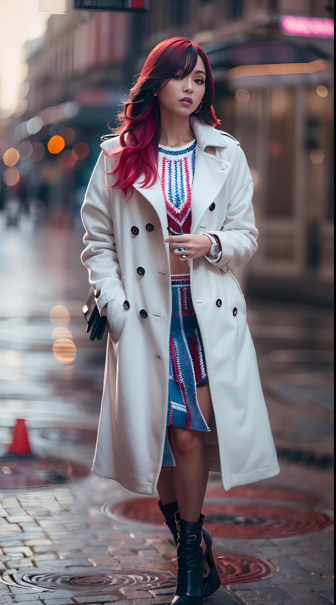 (Best quality,4K,8K,A high resolution,Masterpiece:1.2),Ultra-detailed,(Realistic,Photorealistic,photo-realistic:1.37),Long-range shooting,Blue-haired woman,The hair falls on the left shoulder,Wears a white trench coat lined in red, blackminiskirt,Patterned stockings,High heels,Walking on the street,Portrait,conceptual art,Blurred background,Soft lighting,Vivid tones