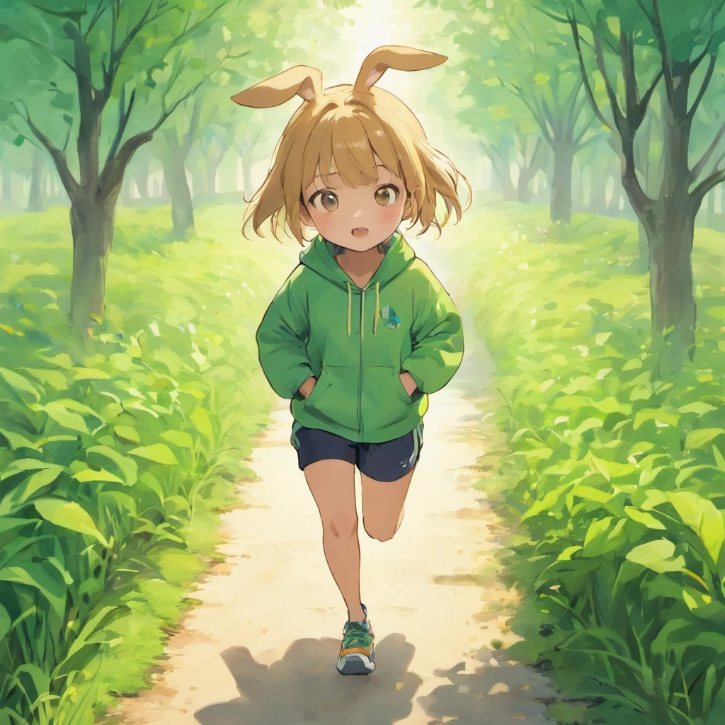 Illustration Peter Rabbit，jogging，Many plants，many color，white backgrounid，Travel illustration，simple shapes，Graphic design，Minimalist style，Excellent picture quality，