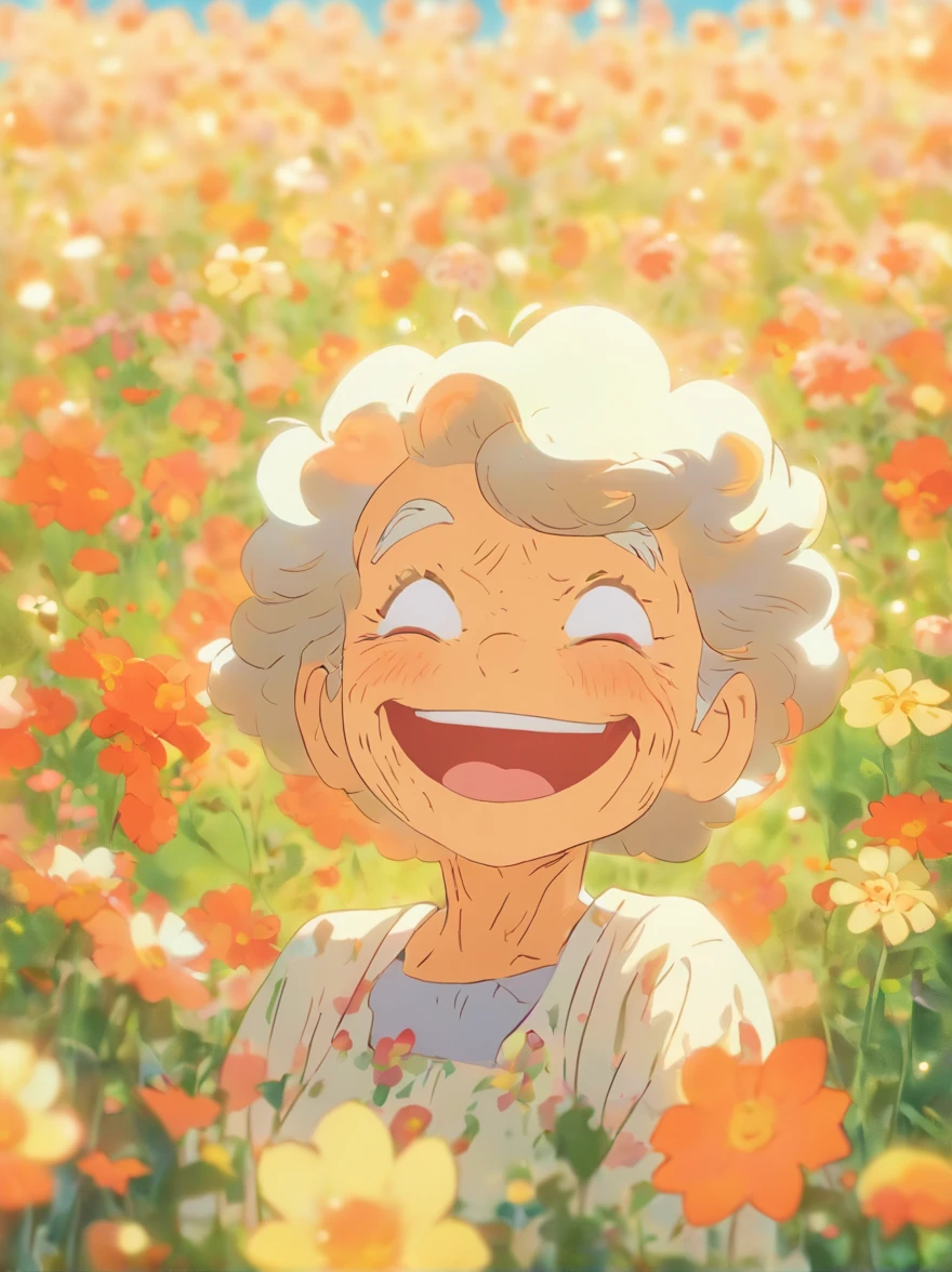 Grandma, blooming flower field, Light smile, Warren sack 127mm F/4.7 Ektar