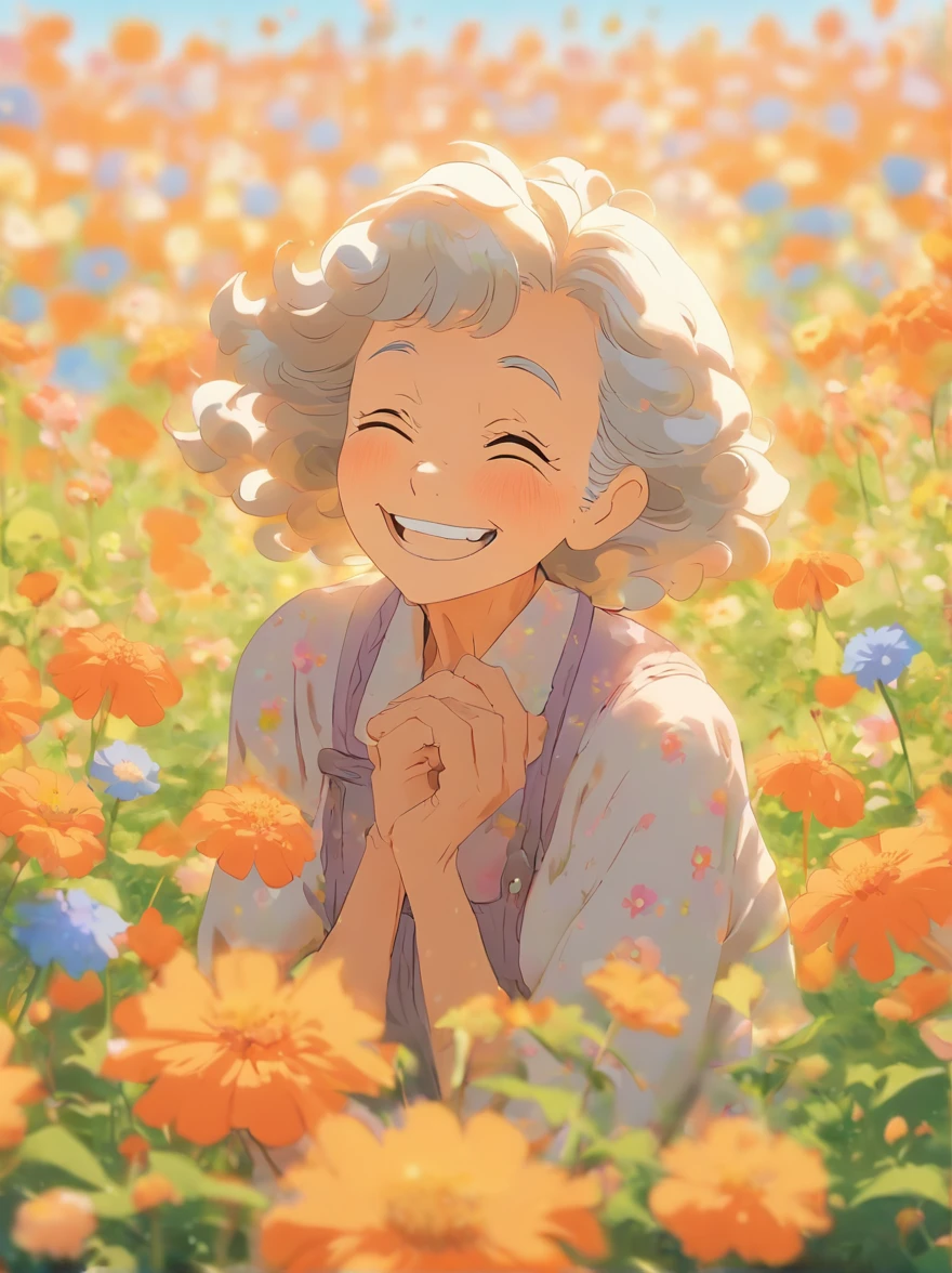 Grandma, blooming flower field, Light smile, Warren sack 127mm F/4.7 Ektar