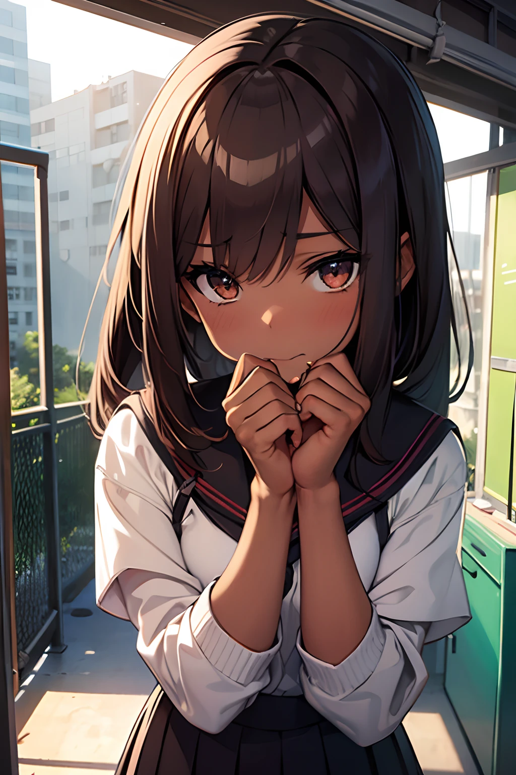 (Masterpiece, Best quality:1.3), school girl, brown skin, seductive look, shy, has a deep secret, Petite
