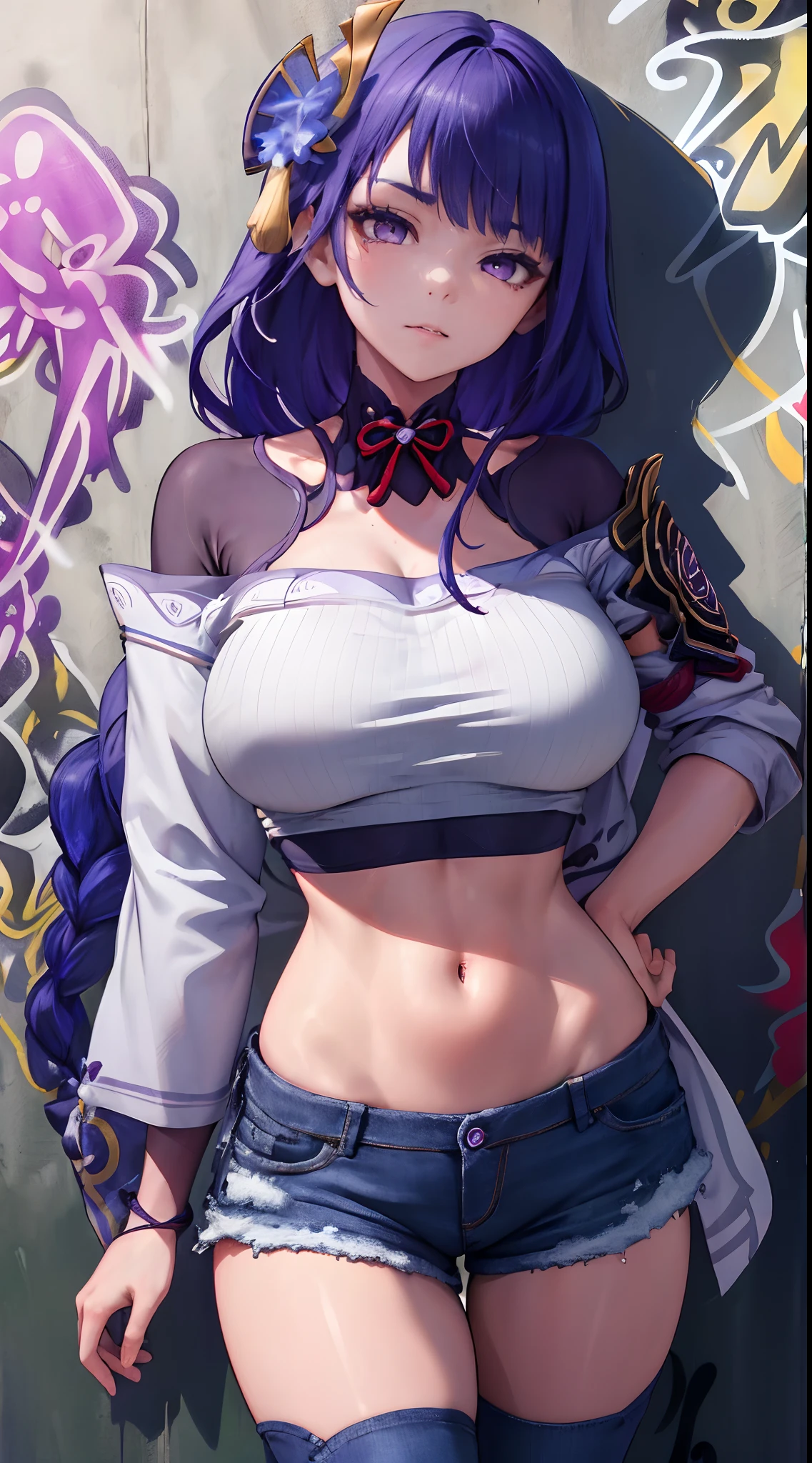 1Raiden shogun, Moaning in pain, large breasts,, cleavage, navel, t-shirt, ((bra)),clothes lift, skirt, lying, full Body,sexy body,sitting