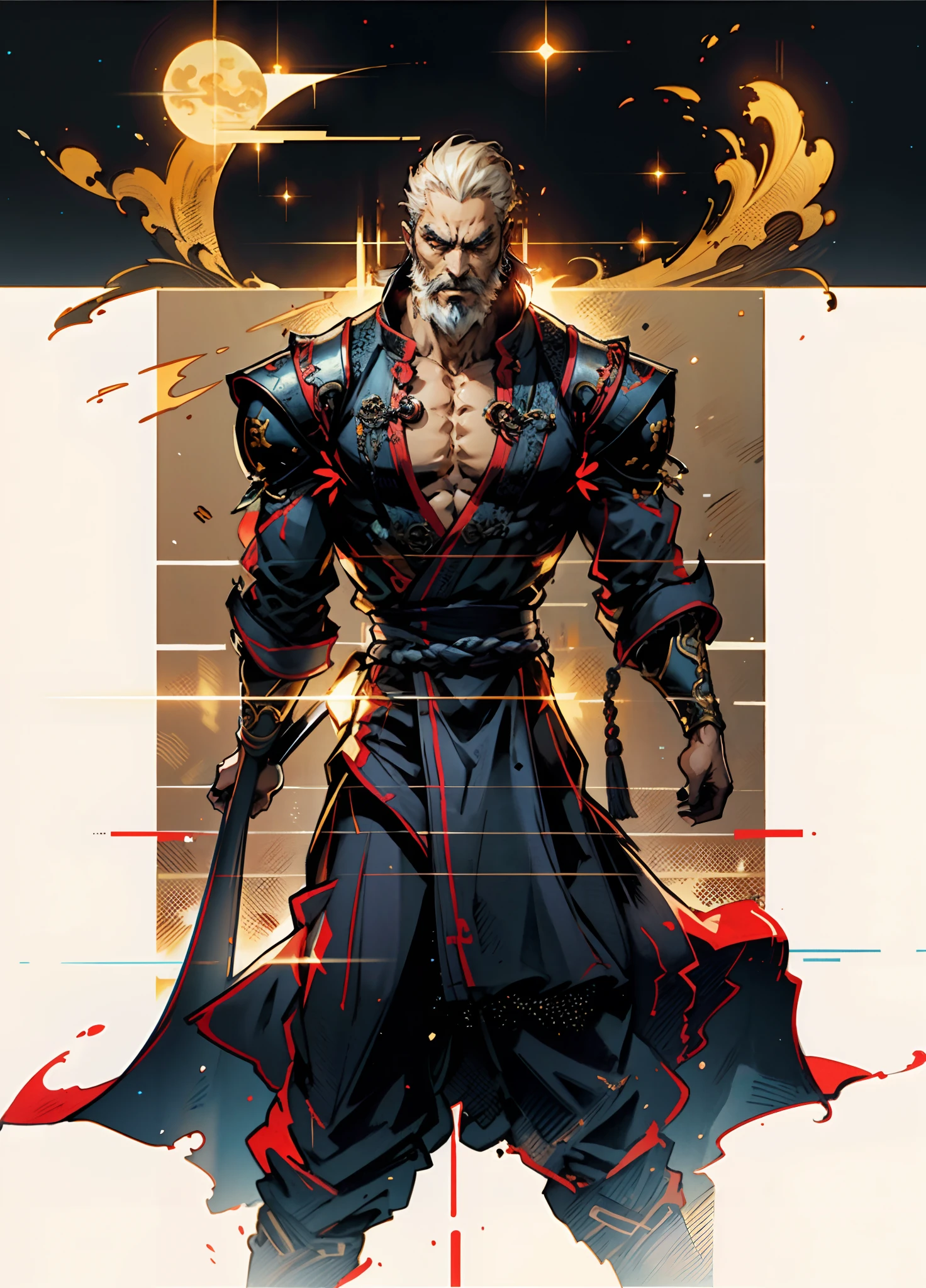 A middle-aged man of about 50 years old, neatly combed short hair slicked back, two strands of bangs hanging down, a beard, well-defined facial features, a loose two-piece fantasy-style Dao robe, has long sleeves, with black as the main color and red as the accent color in the design, loose trousers that match the outfit, standing in front of a traditional Chinese temple, under the night sky, this character embodies a finely crafted fantasy-style Chinese martial artist character in anime style, characterized by a sophisticated and mature manga illustration art style, high definition, best quality, highres, ultra-detailed, ultra-fine painting, extremely delicate, professional, anatomically correct, symmetrical face, extremely detailed eyes and face, high quality eyes, creativity, RAW photo, UHD, 8k, Natural light, cinematic lighting, masterpiece:1.5