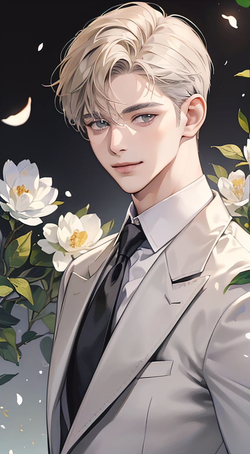 ((masterpiece)),(((best quality))), (detailed light) (detailed shadow), (high quality, breathtaking), (expressive eyes, perfect face), 1man, solo, male, tall, (mature), board shoulder, muscular, short blonde hairstyle with swep bangs, (((grey eyes))), happy smile face, white suit, white tie, flowers background, flower petal flying, windy, look at viewer,