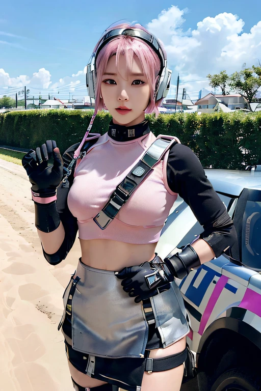 (Top Quality, Ultra High Definition, Photorealistic: 1.4), (cowboy shot:1), 1 Beautiful Girl, (Kpop Idol), Detailed Face, (Hair Style: Pink:1, fullbang, shortbob-style:1), Contrapposto, Perfect Anatomy, Smooth Skin, Professional Lighting, ((wearing Futuristic Police Racing Suits, low-mini-skirt, police wappen, High-tech Headset, military gun-harness, racing gloves, machinegun)), (Cloths colors based on pink silver white black), (background, backstrage),
