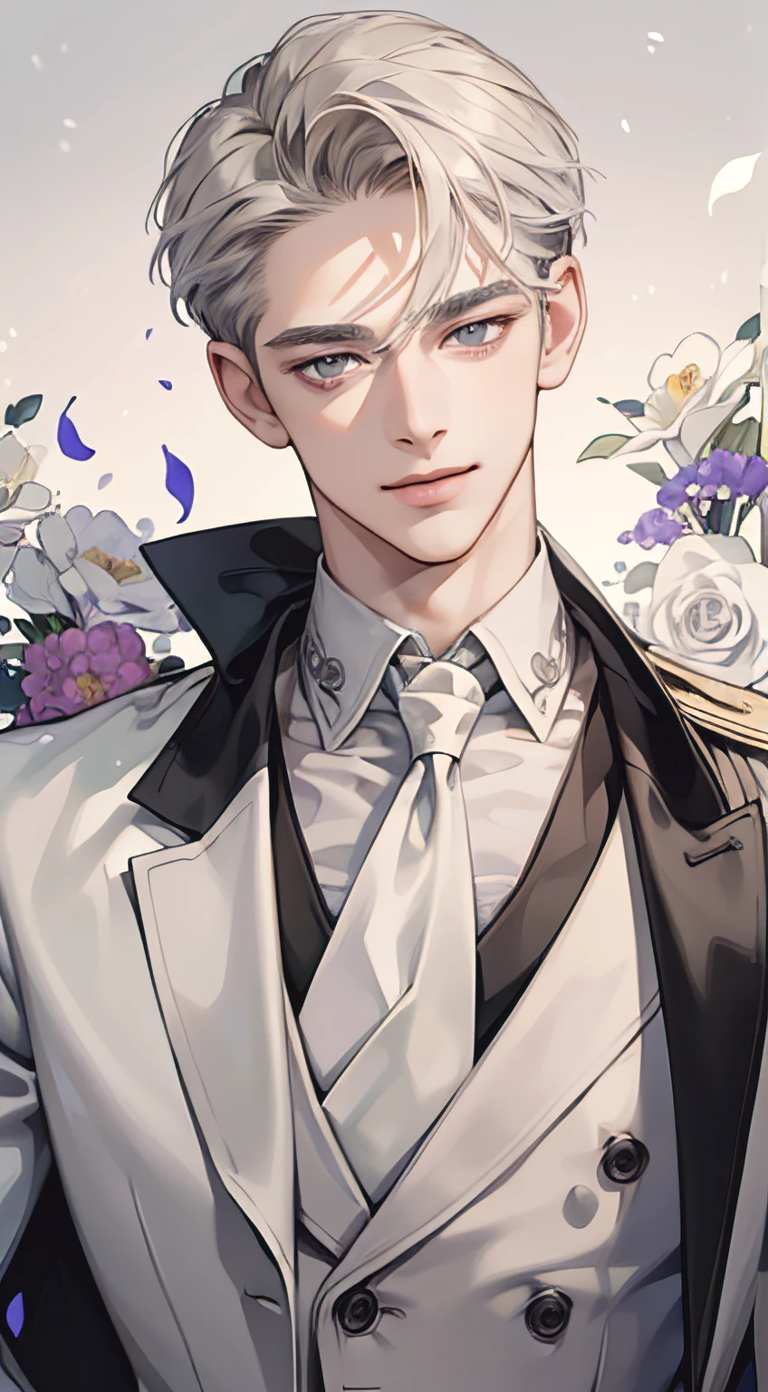 ((masterpiece)),(((best quality))), (detailed light) (detailed shadow), (high quality, breathtaking), (expressive eyes, perfect face), 1man, solo, male, tall, (mature), board shoulder, muscular, short blonde hairstyle with swep bangs, (((grey eyes))), happy smile face, white suit, white tie, flowers background, flower petal flying, windy, look at viewer,