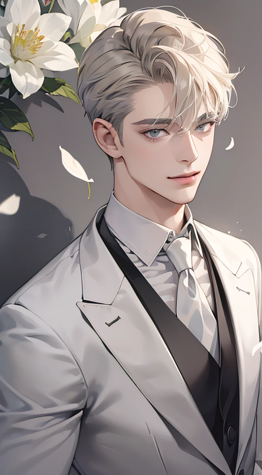 Anime boy in a suit and tie with flowers in the background - SeaArt AI