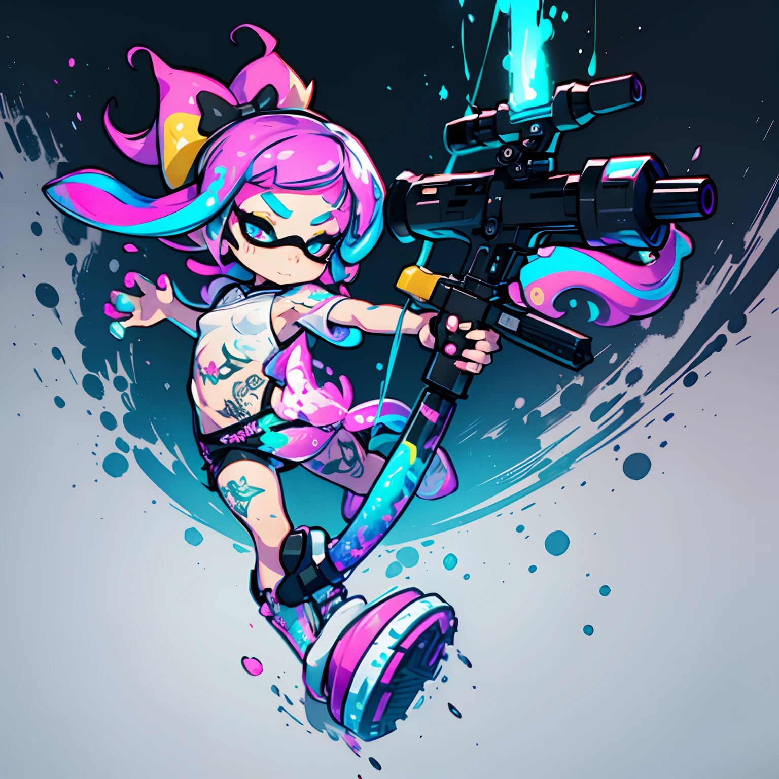 Drawing of a girl with a bow - a sling、with splatoon style, video game fanart, With a tattoo of a squid,  Splatoon 3, high quality fan art, squid、hiquality、Super fancy colorful splatter ink background