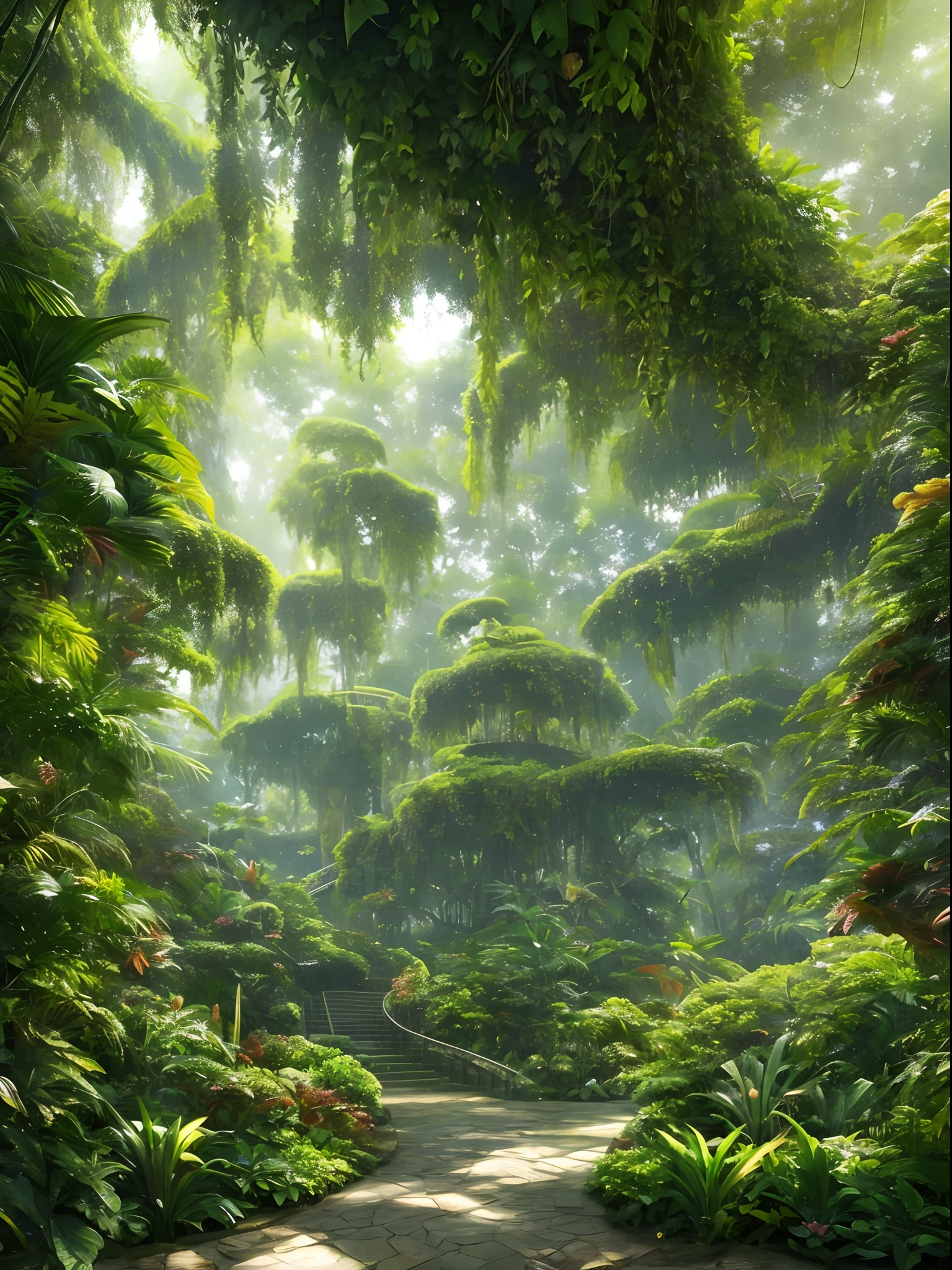 Digital illustration, libraryai，Detailed and intricate, The dense jungle is full of exotic plants and animals, Sunlight shines through the canopy，Produces a mottled effect. In the style of Yoshitaka Amano and Hayao Miyazaki, Masterpiece, Proportional, Detailed, trending on artstationh, Beautiful lighting, Realistic, Intricate, Award-Awarded, 4K, Highest quality，（libraryai），forest library