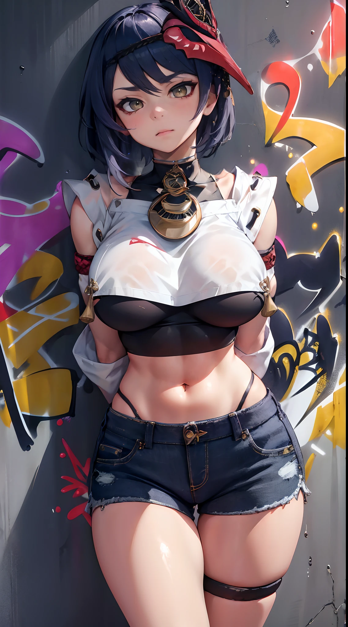 Kujou Sara Genshin Effect, masterpiece, bestquality, 1girls, gigantic breasts, bara, crop top, shorts jeans, choker, (Graffiti:1.5), Splash with purple lightning pattern., arm behind back, against wall, View viewers from the front., Thigh strap, Head tilt, bored, water eyes,