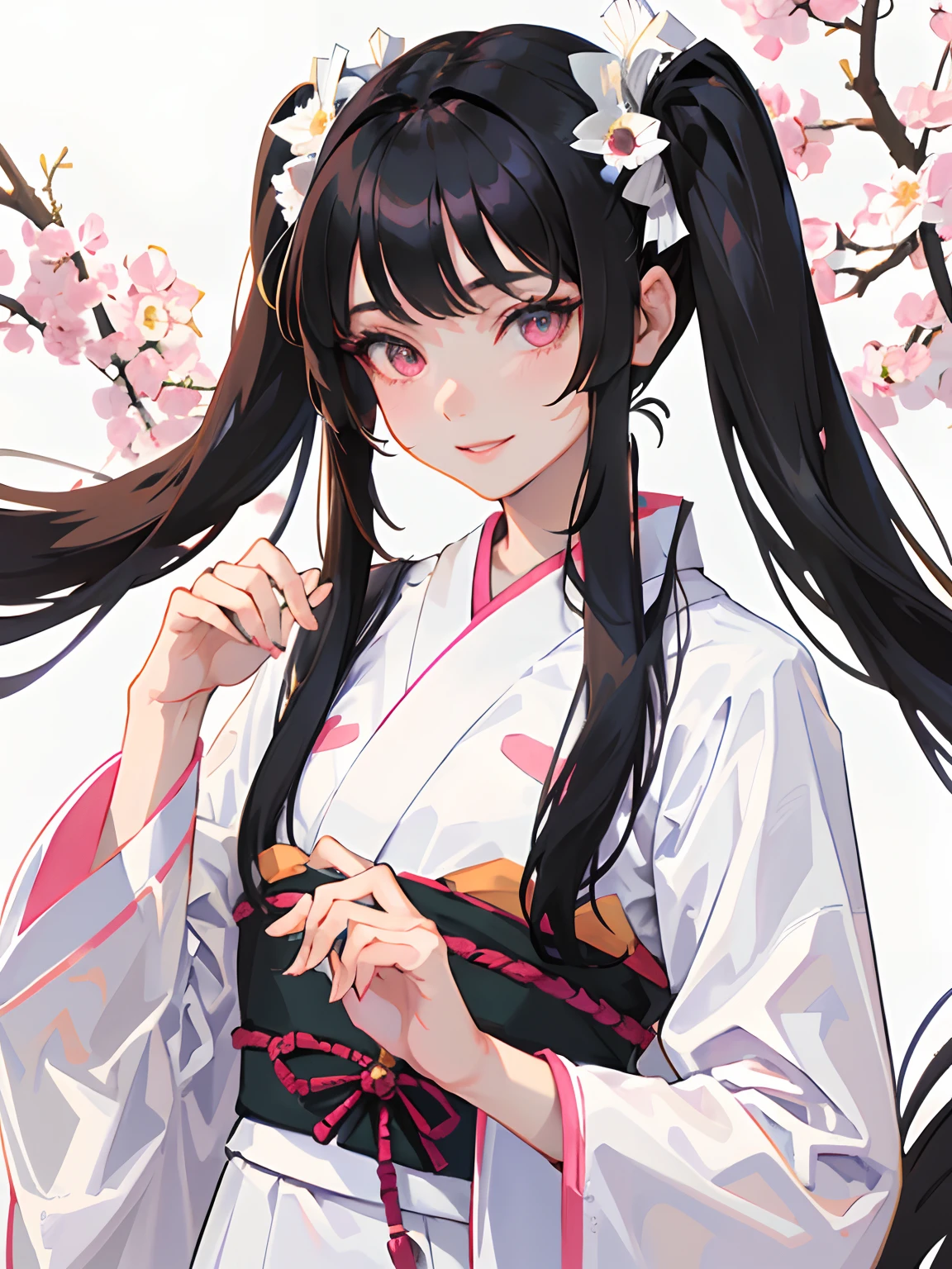 ((masterpiece, best quality)), (1girl),(mature), (solo), (female focus), (hime hair, black hair, long hair, twintail, straight bangs),pink eyes, ((white kimono)), elegant, smile, portraits, close up, upper body, spring background
