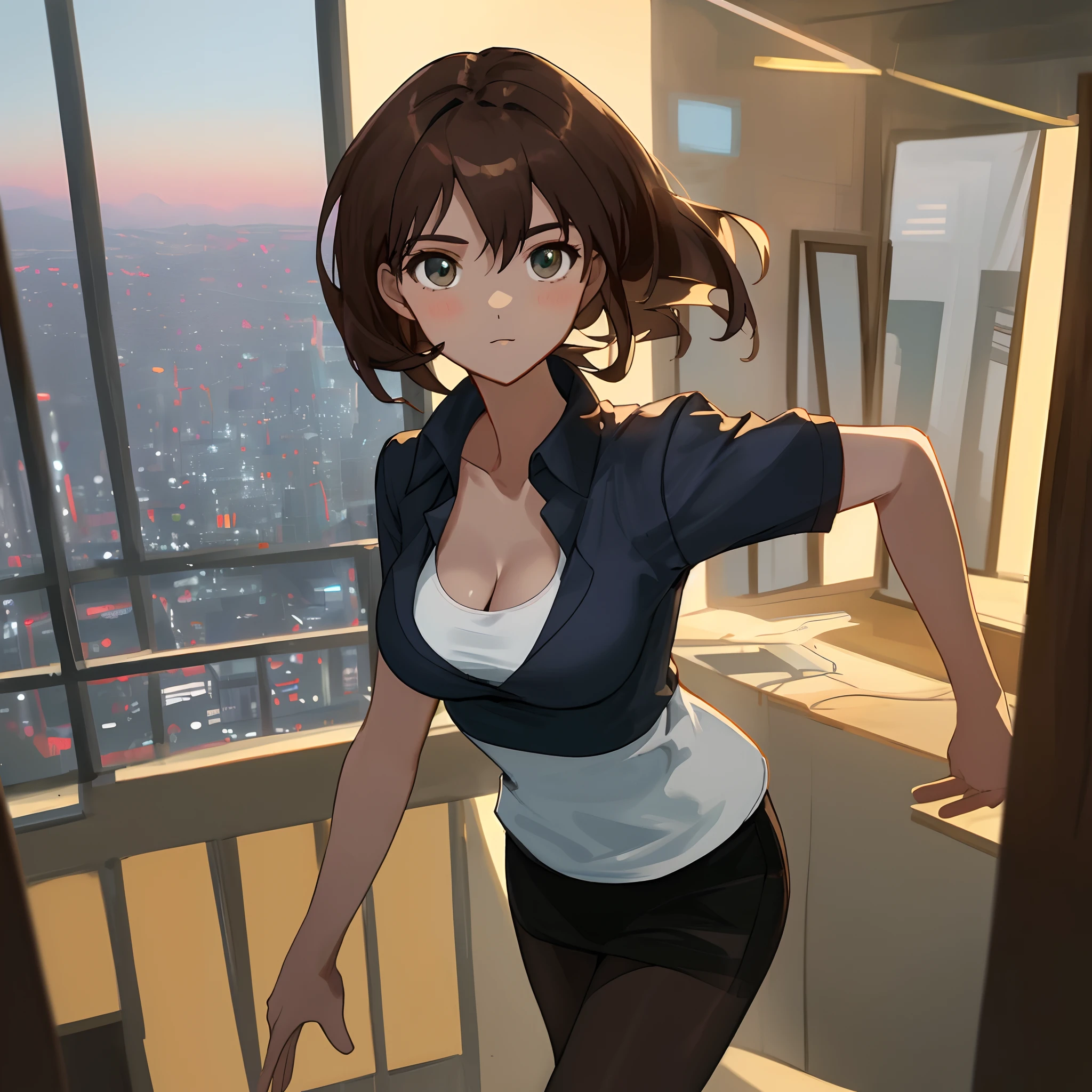 ((Best quality, 8K, Masterpiece :1.3)), Whole body, Sharp focus :1.2, Pretty Women with Perfect Figure :1.4, Slender abs :1.2, ((Dark brown hair, Big breasts :1.2)), Body dress :1.1, (night cityscape, Modern Balcony :1.1), Highly detailed face and skin texture, Detailed eyes, 二重まぶた, small busts, office lady uniform, Office wear, White T-shirt, Exposed cleavage, (Black pantyhose), (), interior scenes, Office