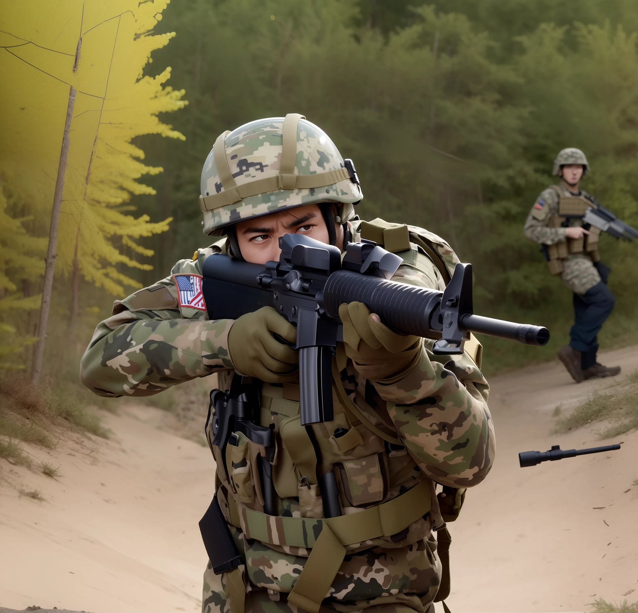 There is first person view with an assault rifle in hand, there are green fields in front, skies with fighter airplanes and american army coming from the front view