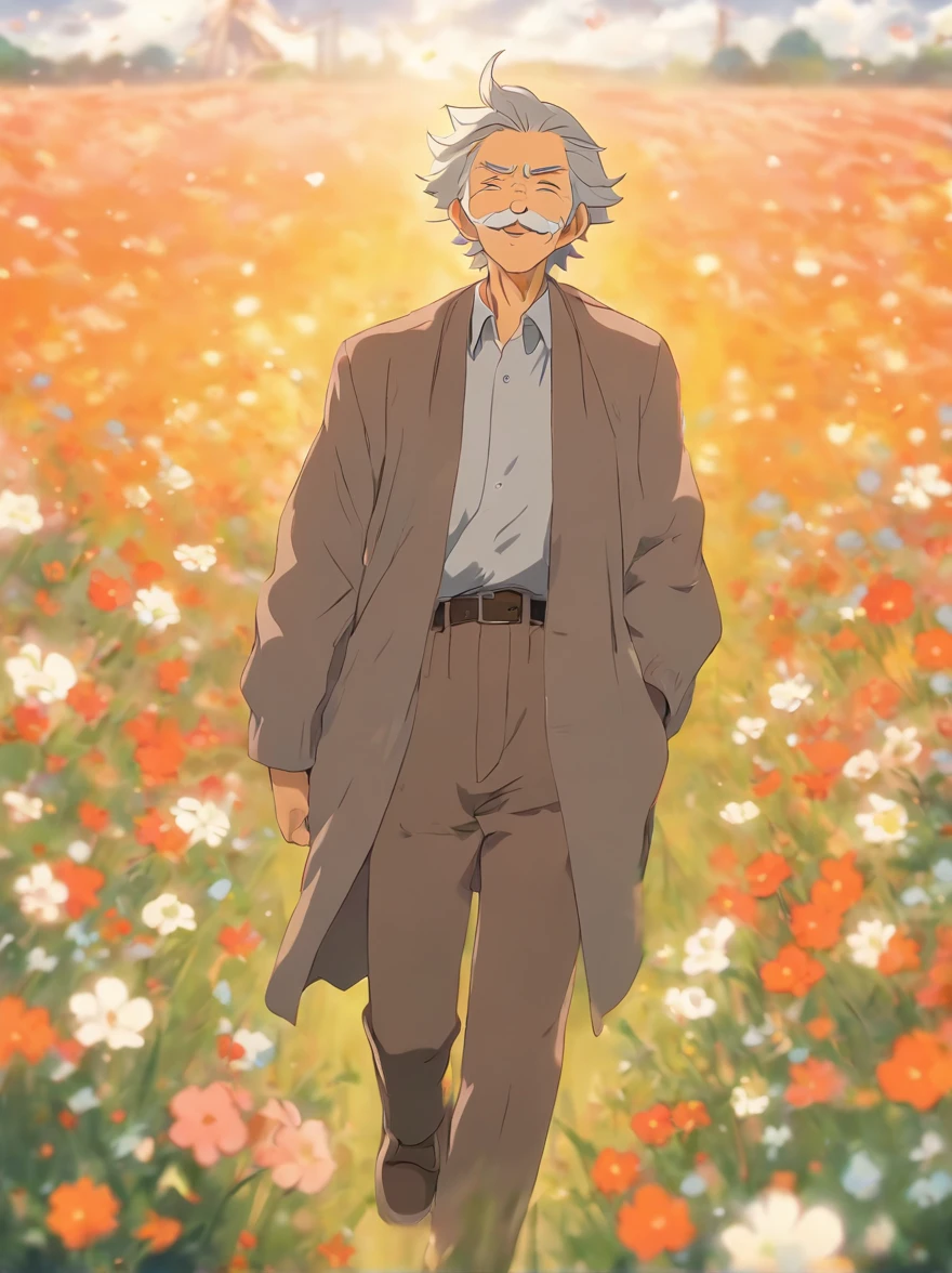 Gray-haired old man in a field of blooming flowers, Happy walk
